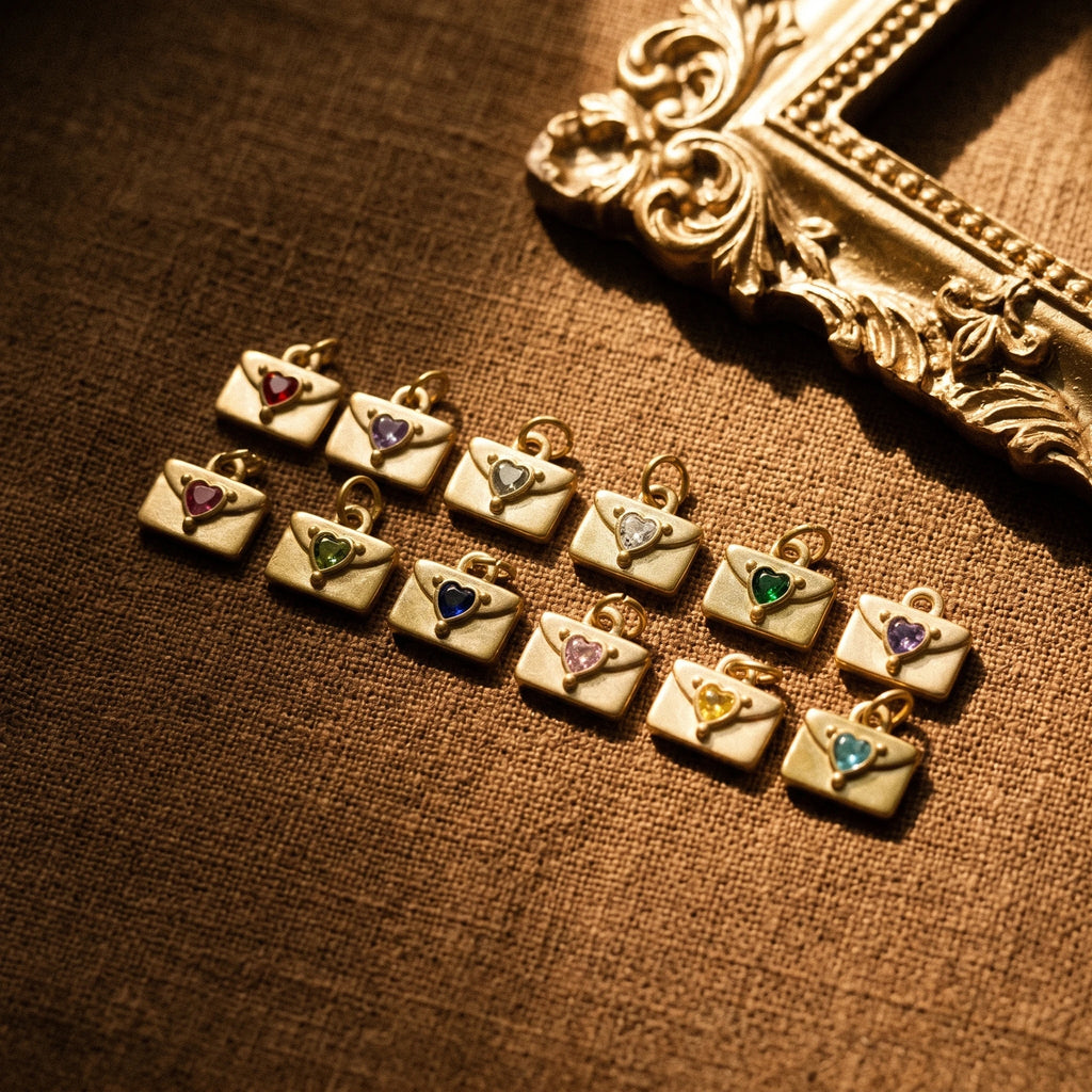 QIAOREN 12437-48   12 Birthstone Envelope Drop Earrings, Gold Plated Stainless Steel Love Letter Studs
