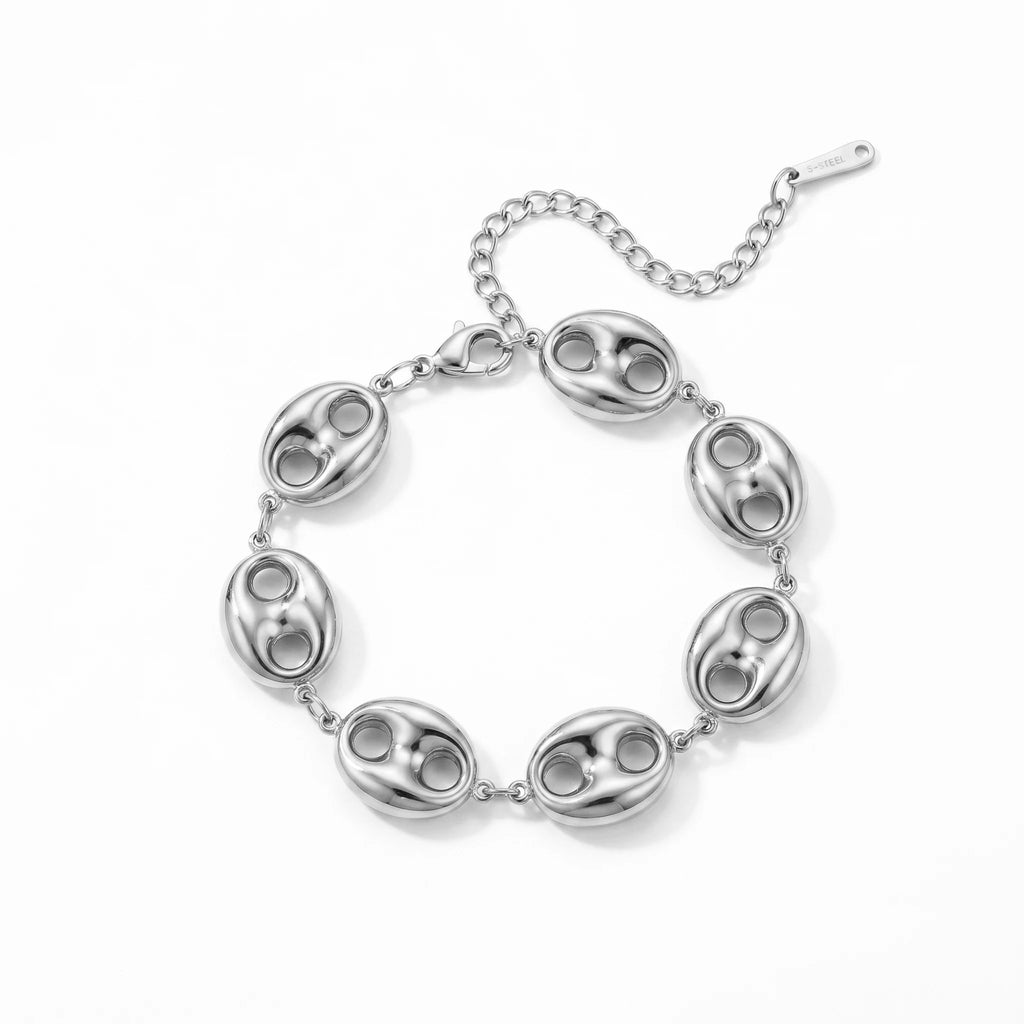 QIAOREN 12039 Wholesale Gold Plated Stainless Steel  Link Bracelet Polished Puffy Double Hole Bead Adjustable Chain Jewelry