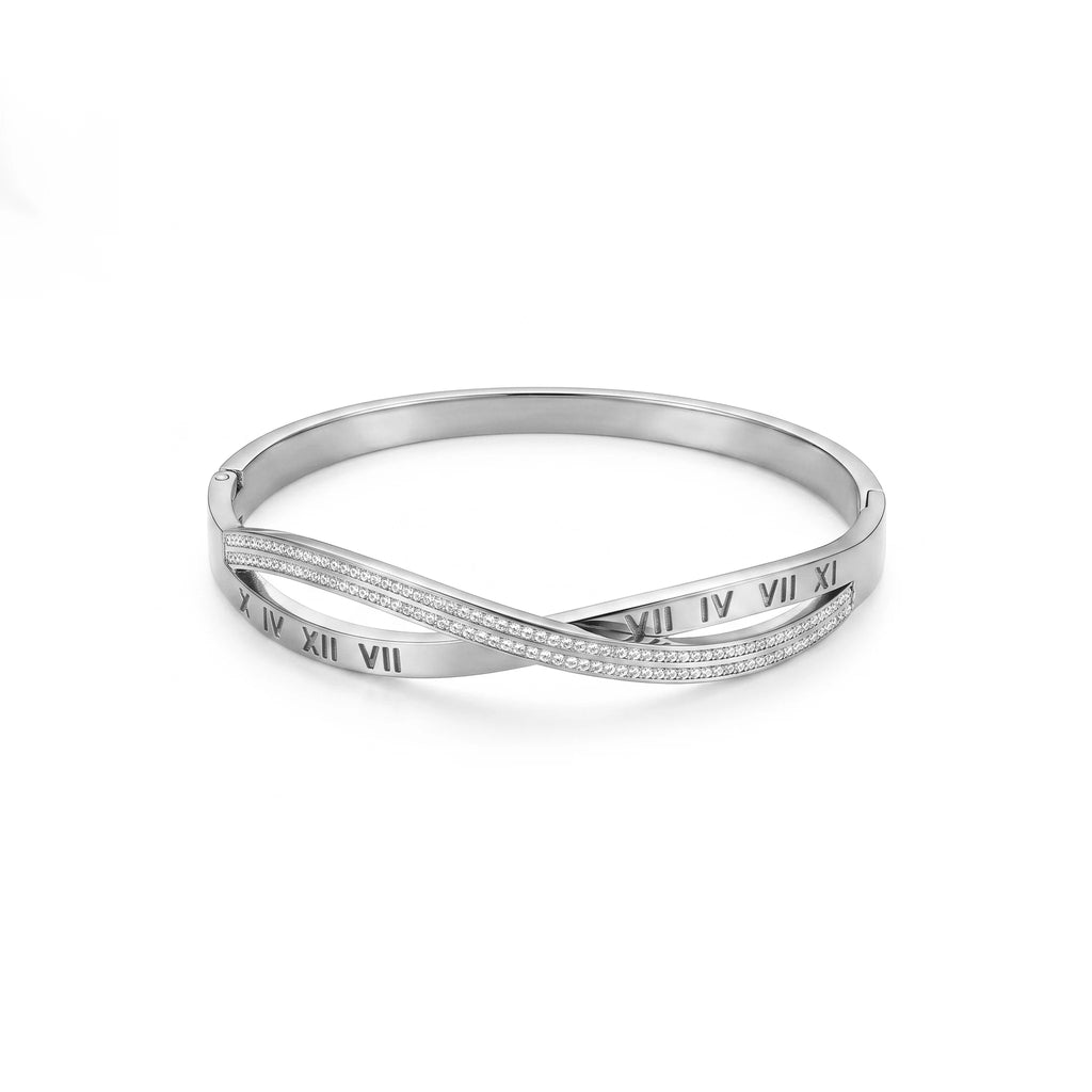 QIAOREN 13667 Twisted Interlock Spring Cuff Bangle Engraved Roman Numerals with Full Paved Clear Zircon