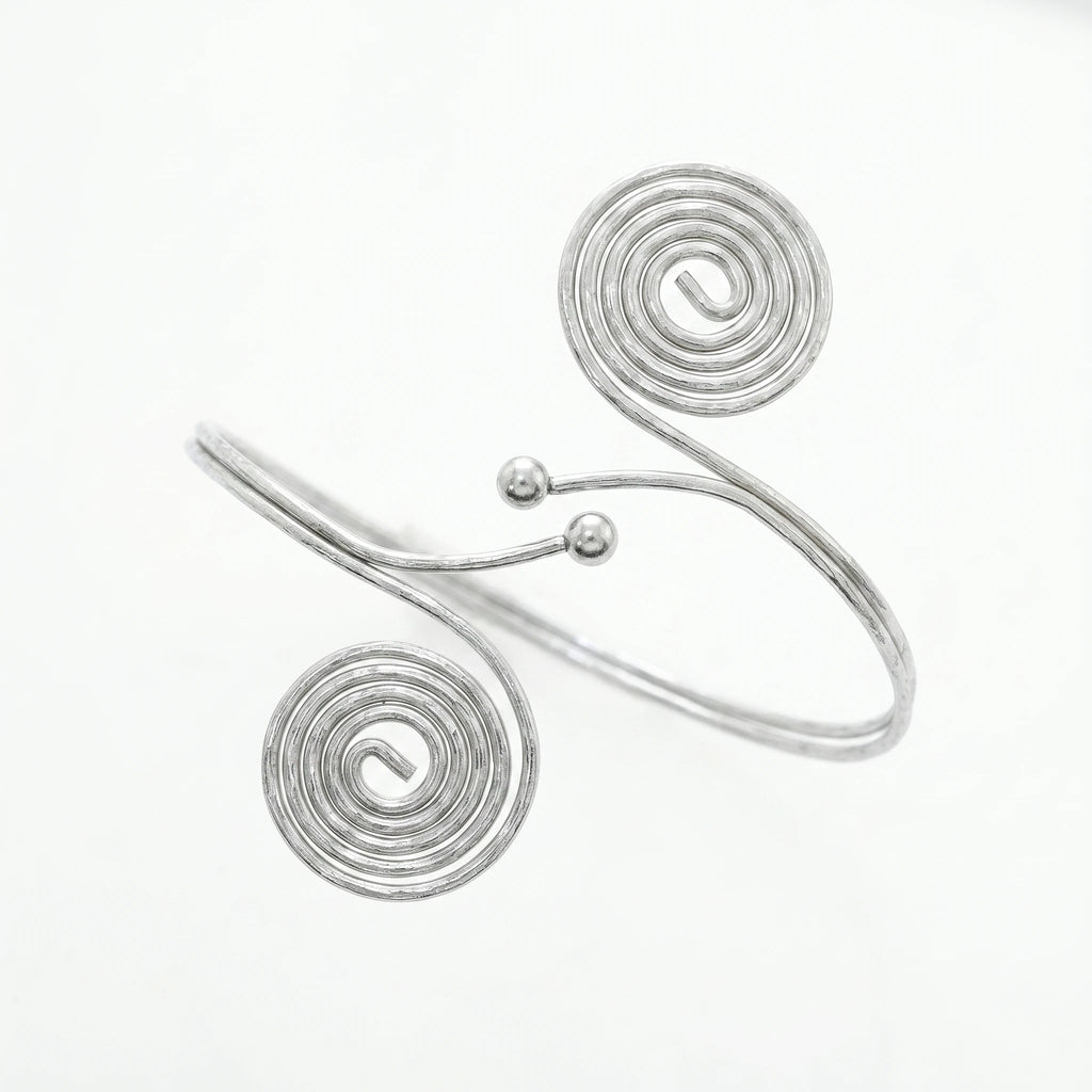 QIAOREN 12806 Stainless Steel Double Spiral Swirl Open Cuff Bangle Adjustable Silver Textured Wire Wrist Bracelet