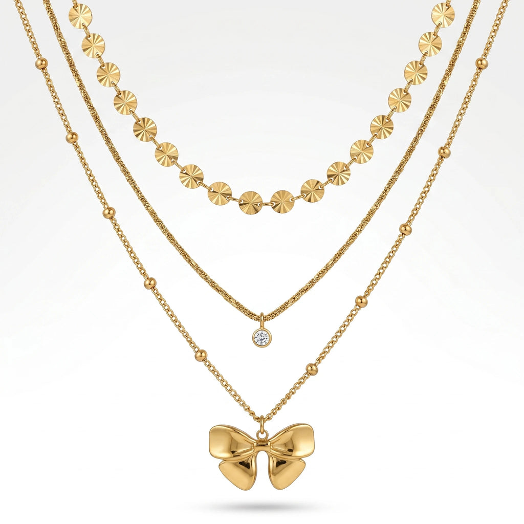 QIAOREN 12139 Ins Dainty Three Layer Stainless Steel Choker Gold Bow Charm Round Zircon & Textured Disc Chain Ladies Accessory
