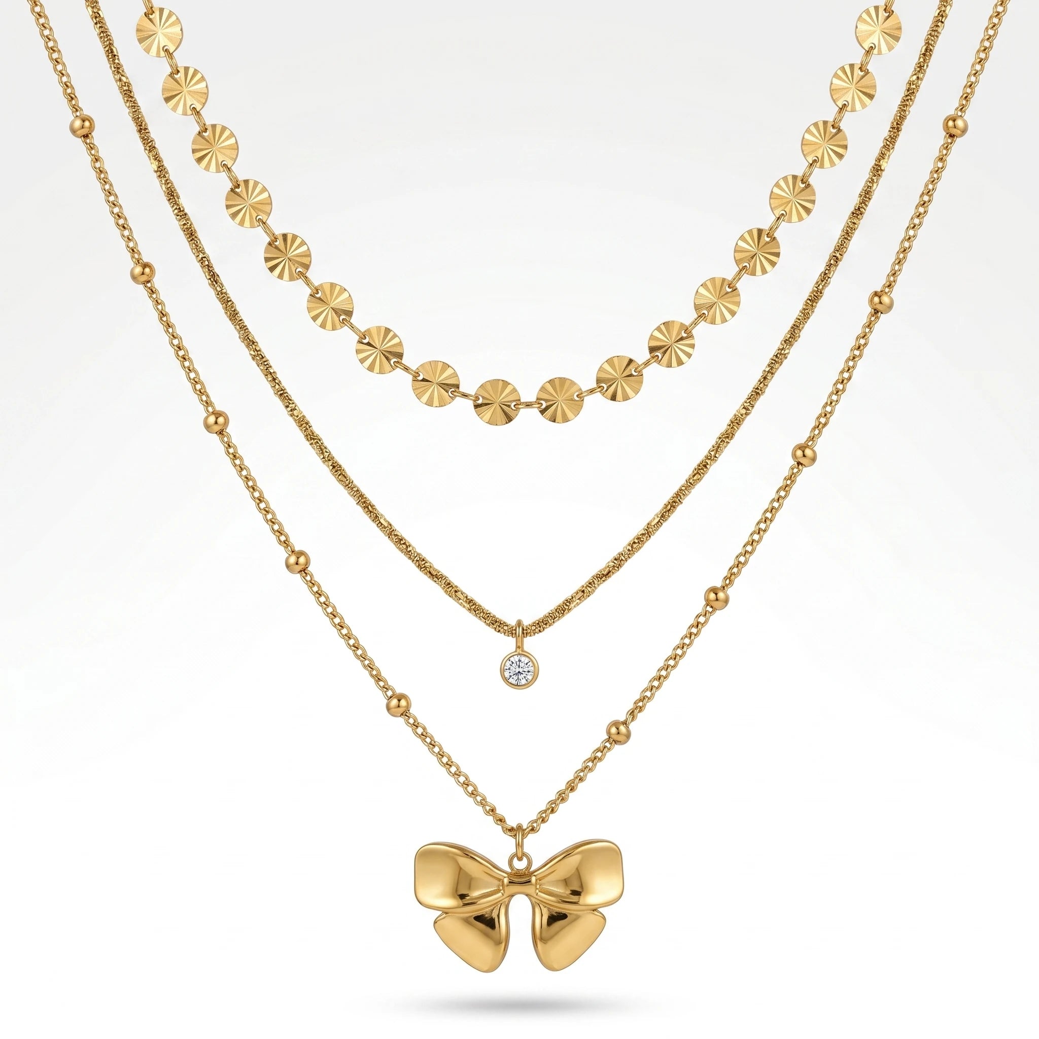 QIAOREN 12139 Ins Dainty Three Layer Stainless Steel Choker Gold Bow Charm Round Zircon & Textured Disc Chain Ladies Accessory