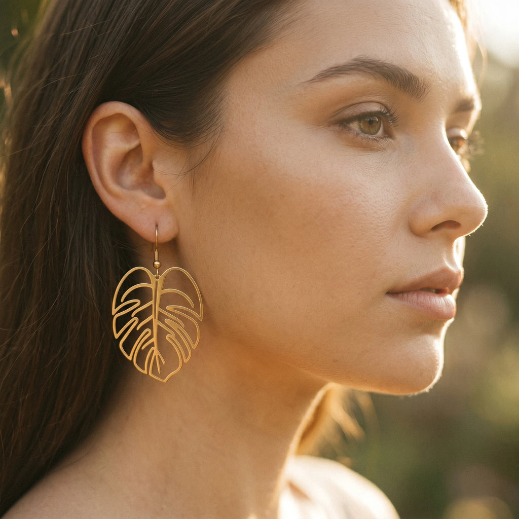 QIAOREN 10843 Trendy Tarnish Resistant Stainless Steel Tropical Leaf and Hoop Earrings 18K Gold Plated