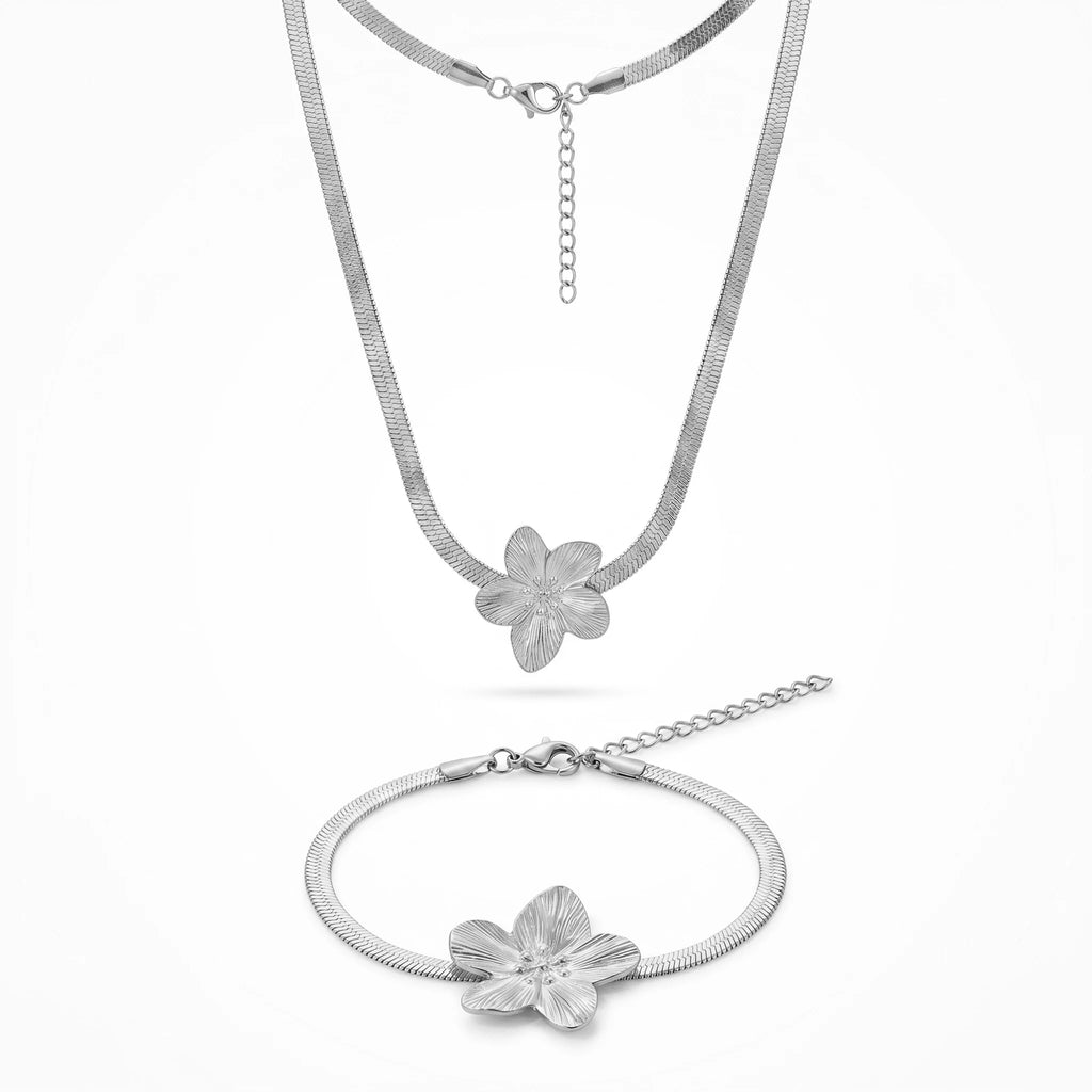 QIAOREN 11501 Elegant Tropical Flower Herringbone Jewelry Set 18K Gold Plated Stainless Steel Tarnish Free
