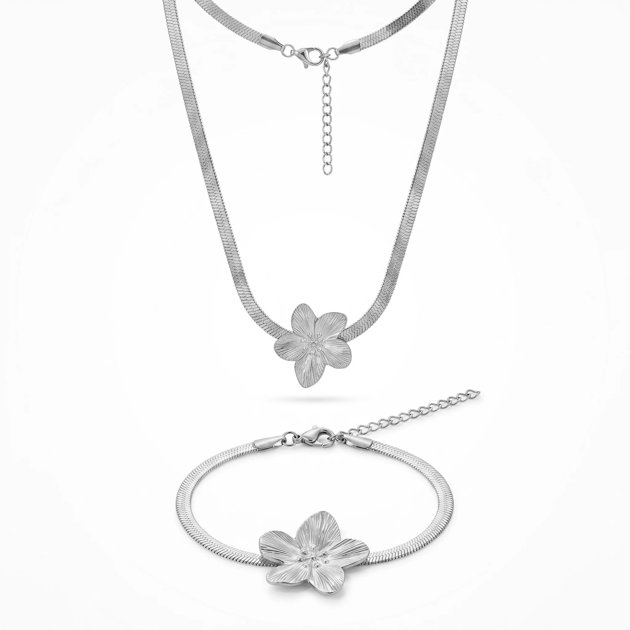 QIAOREN 11501 Elegant Tropical Flower Herringbone Jewelry Set 18K Gold Plated Stainless Steel Tarnish Free