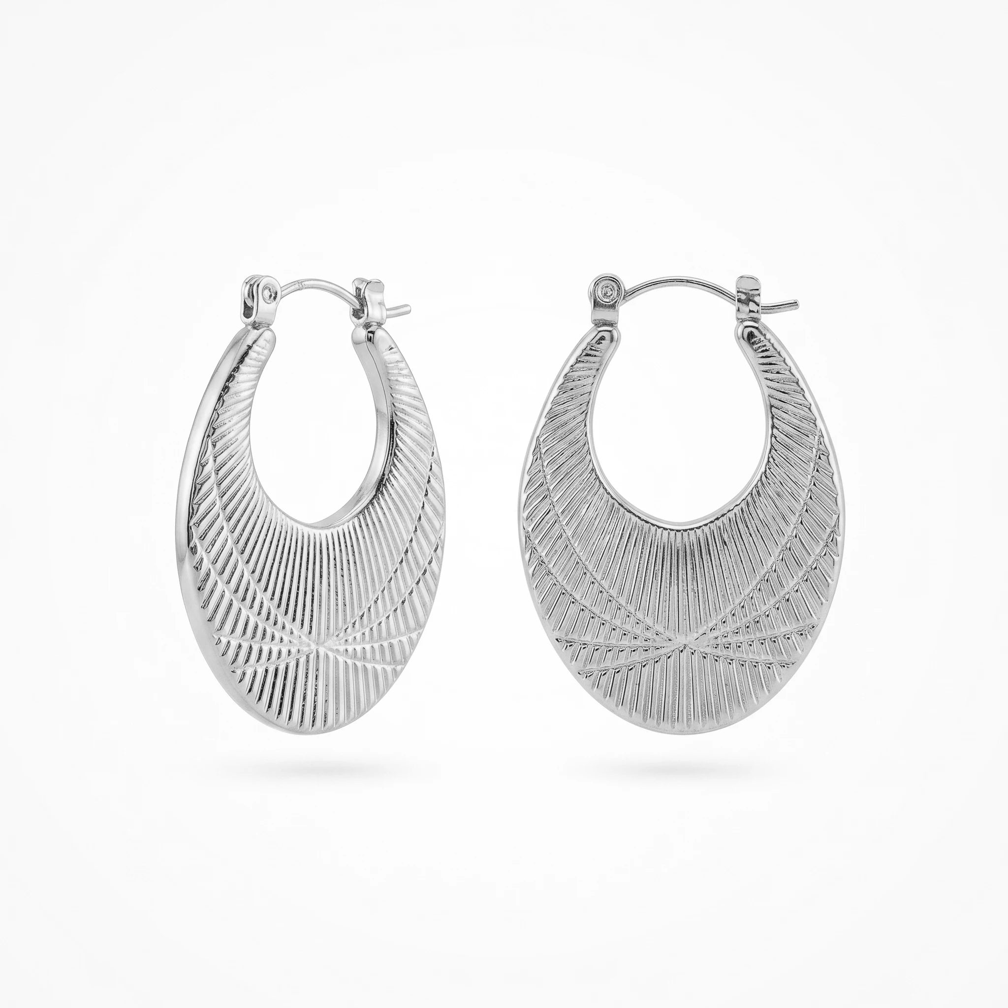 QIAOREN 12493  Sunburst Oval Hoop Earrings Gold Stainless Steel Textured Wide Ray Hoops Women Statement Jewelry US