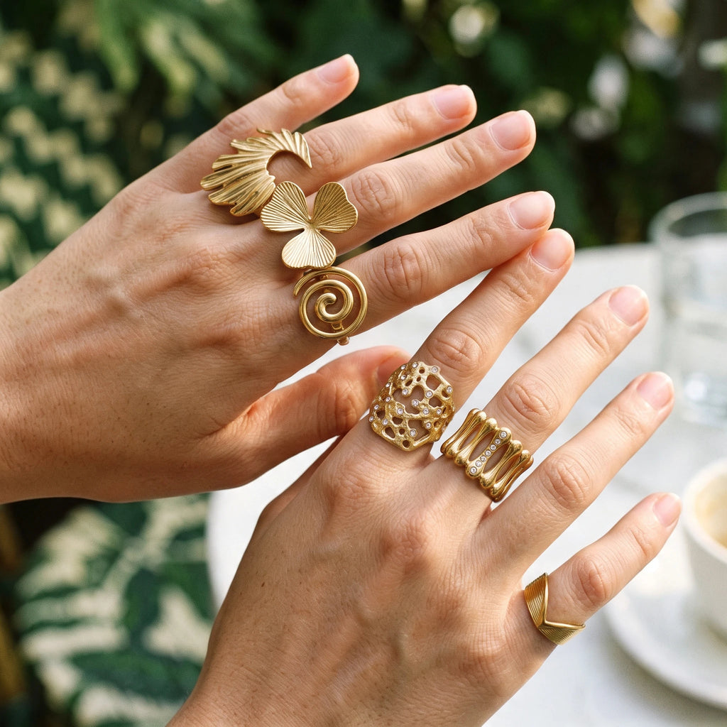QIAOREN 14251- 61 Vintage Textured Gold Open Cuff Ring Set, Hippie Bohemian Stackable Adjustable Rings for Women