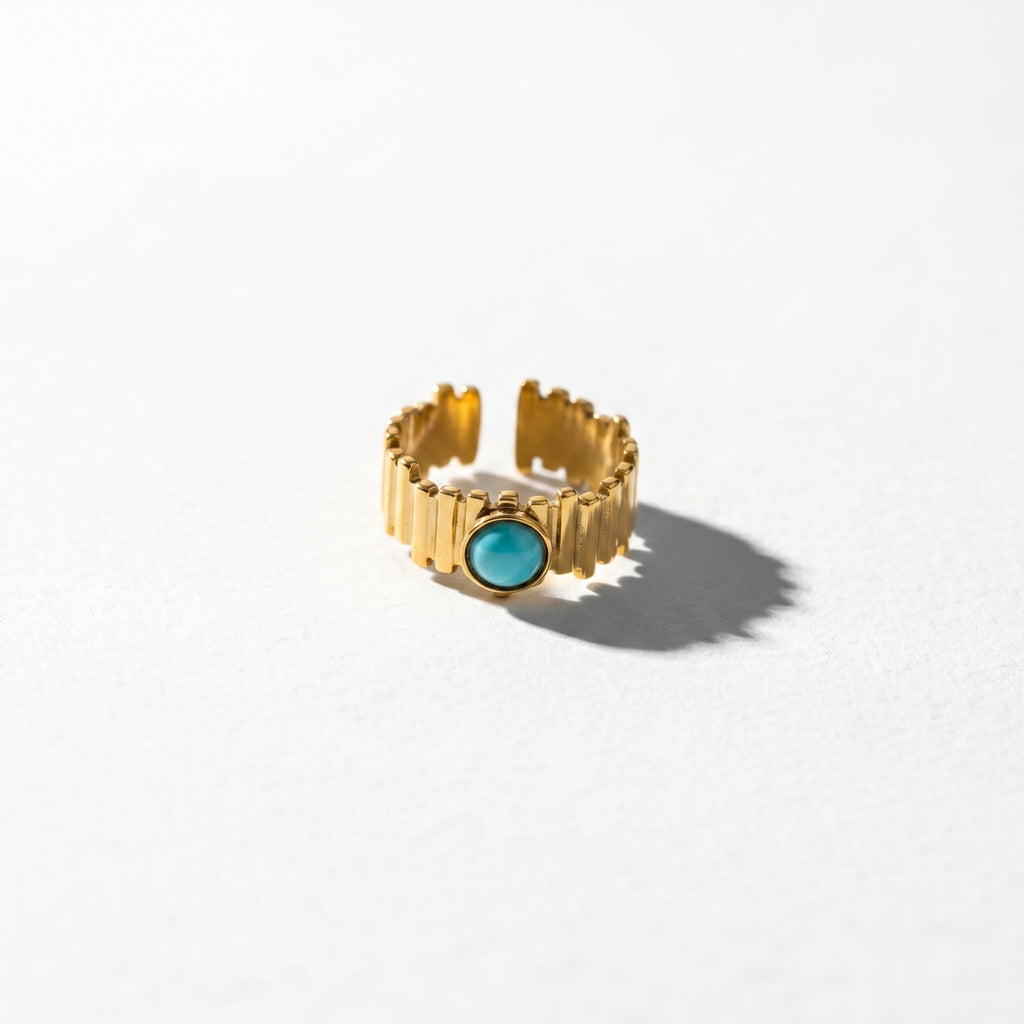 QIAOREN 13151-55 5Pcs Gold Stainless Steel Turquoise Open Ring Set Geometric Stackable Adjustable Boho Waterproof Jewelry