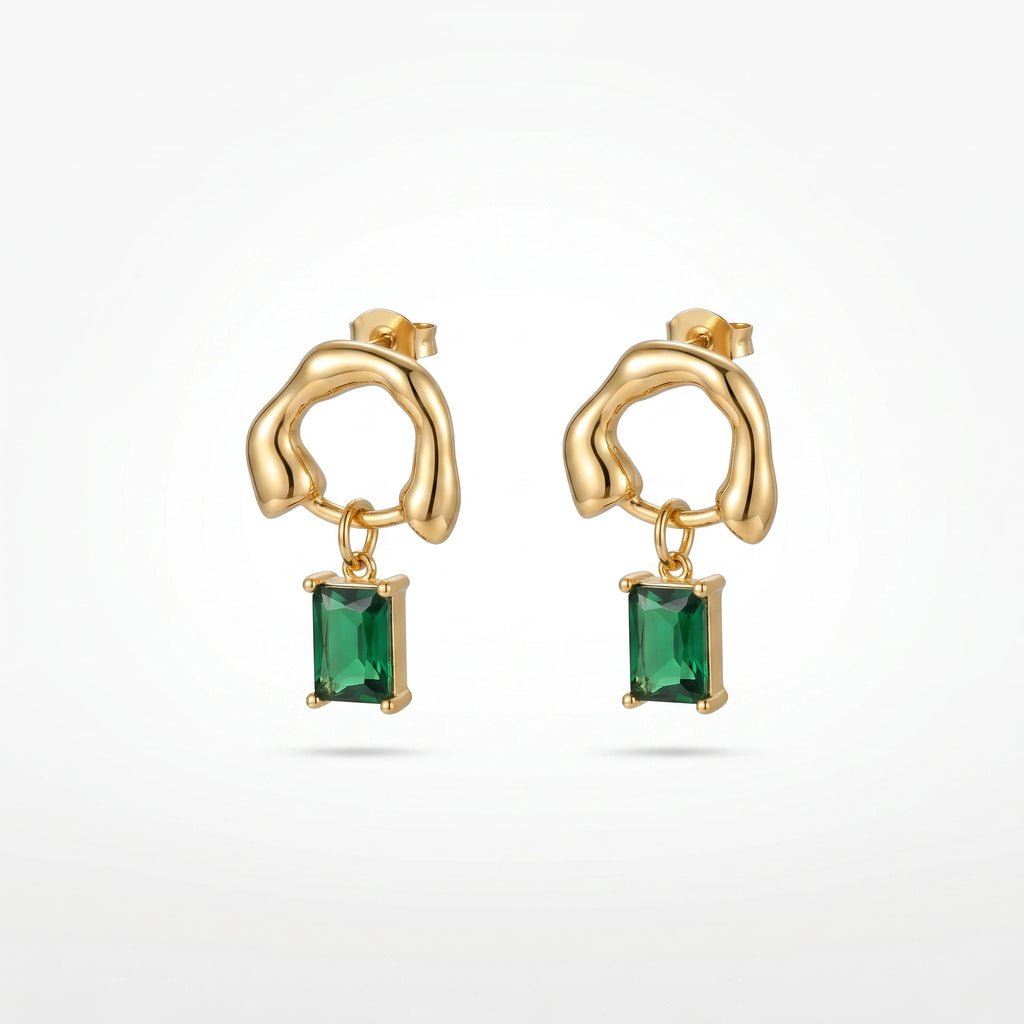 QIAOREN 12429 Organic Geometric Emerald Green Zircon Rectangle Pendant Gold Stainless Steel Statement Earrings