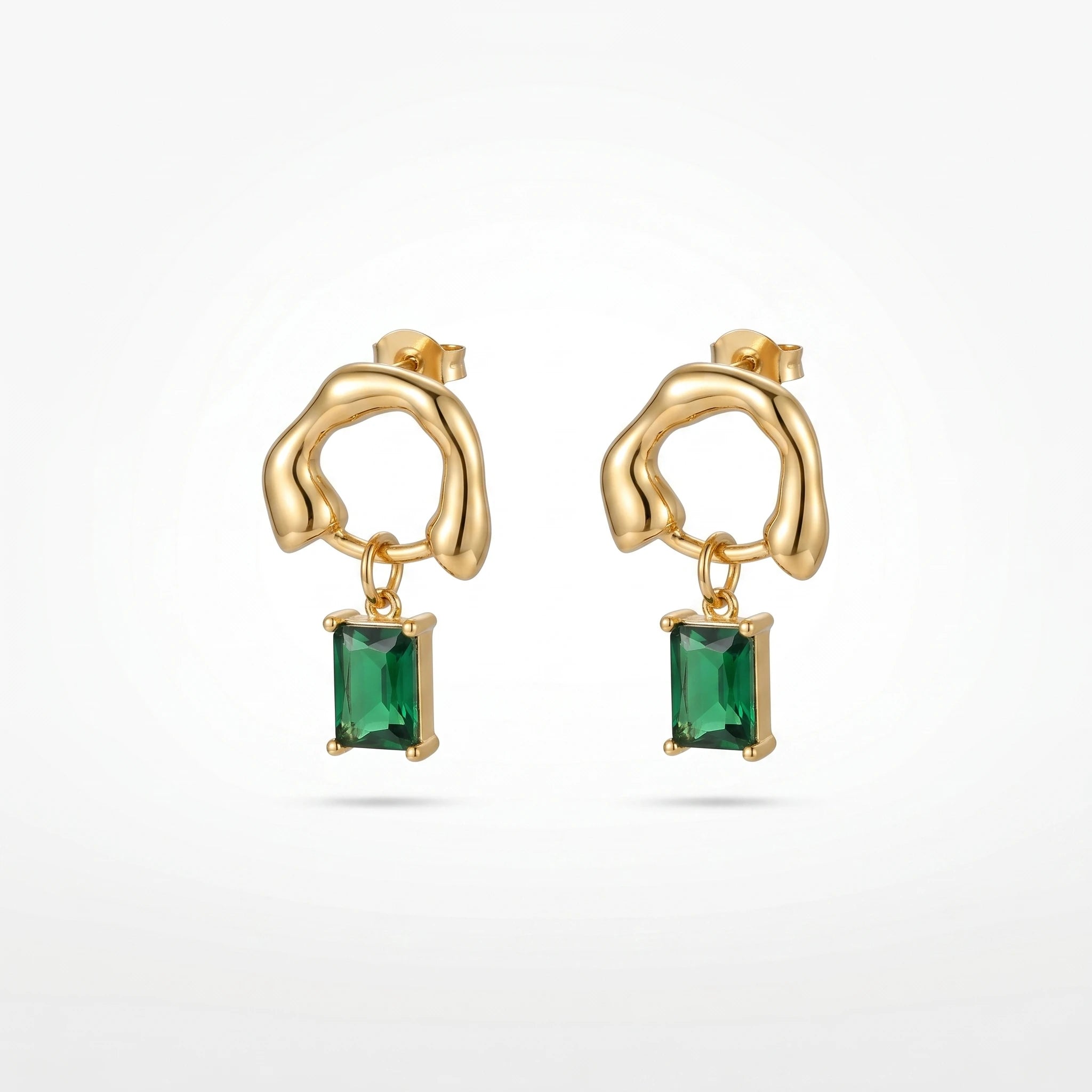 QIAOREN 12429 Organic Geometric Emerald Green Zircon Rectangle Pendant Gold Stainless Steel Statement Earrings