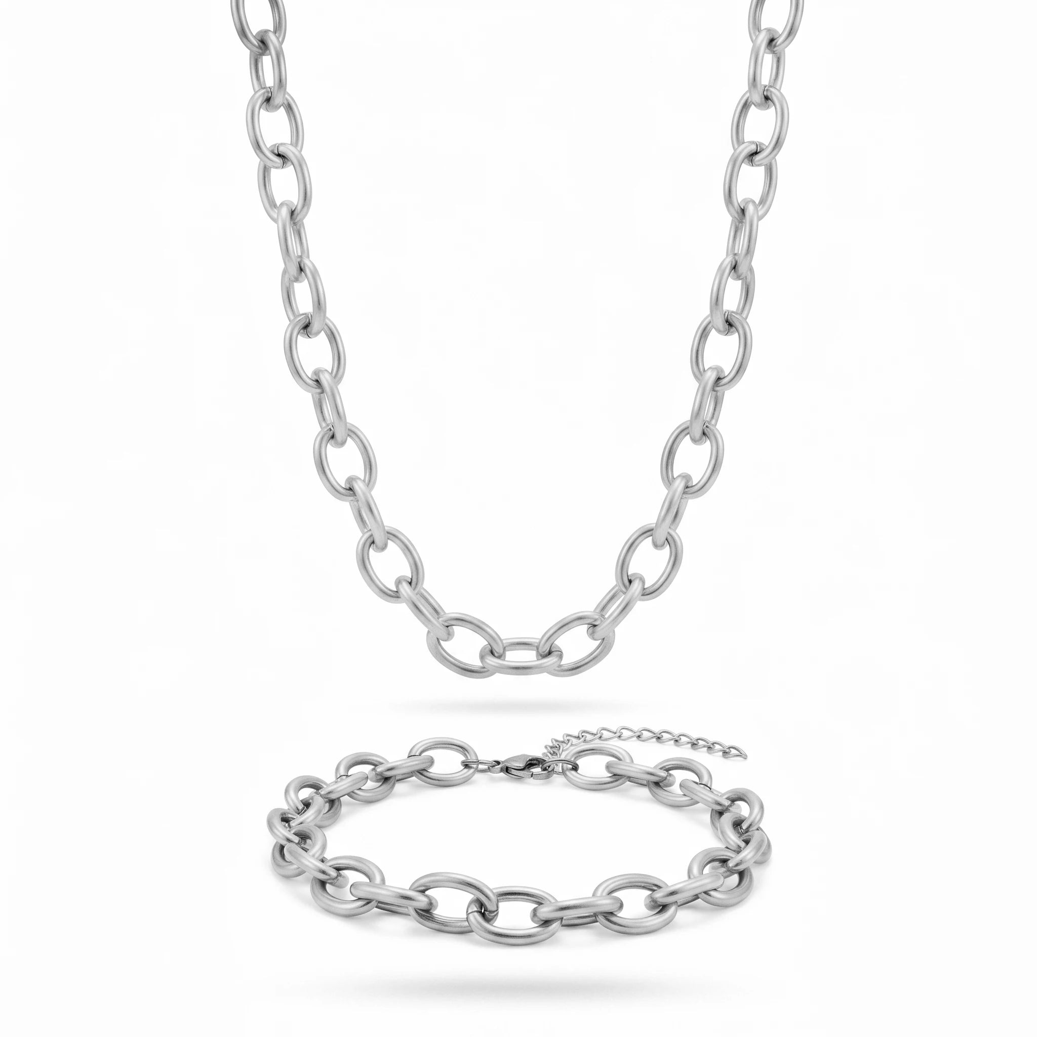 QIAOREN 10543 18K Stainless Steel Trendy Oval Link Chain Necklace Bracelet Waterproof Tarnish Free Adjustable Jewelry Set