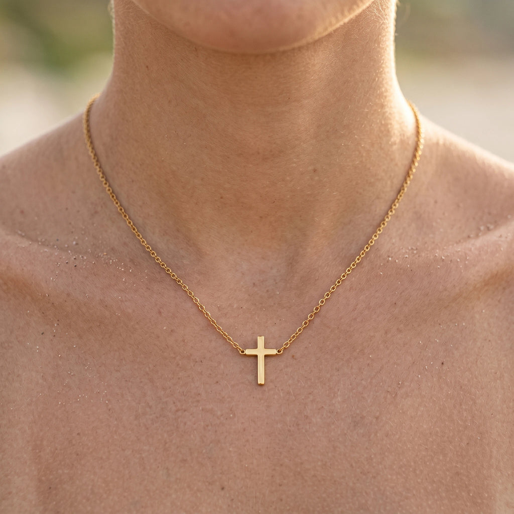 QIAOREN 10539 Trendy Women's Stainless Steel Gold Plated Cross Pendant Necklace with Vertical Cross Design