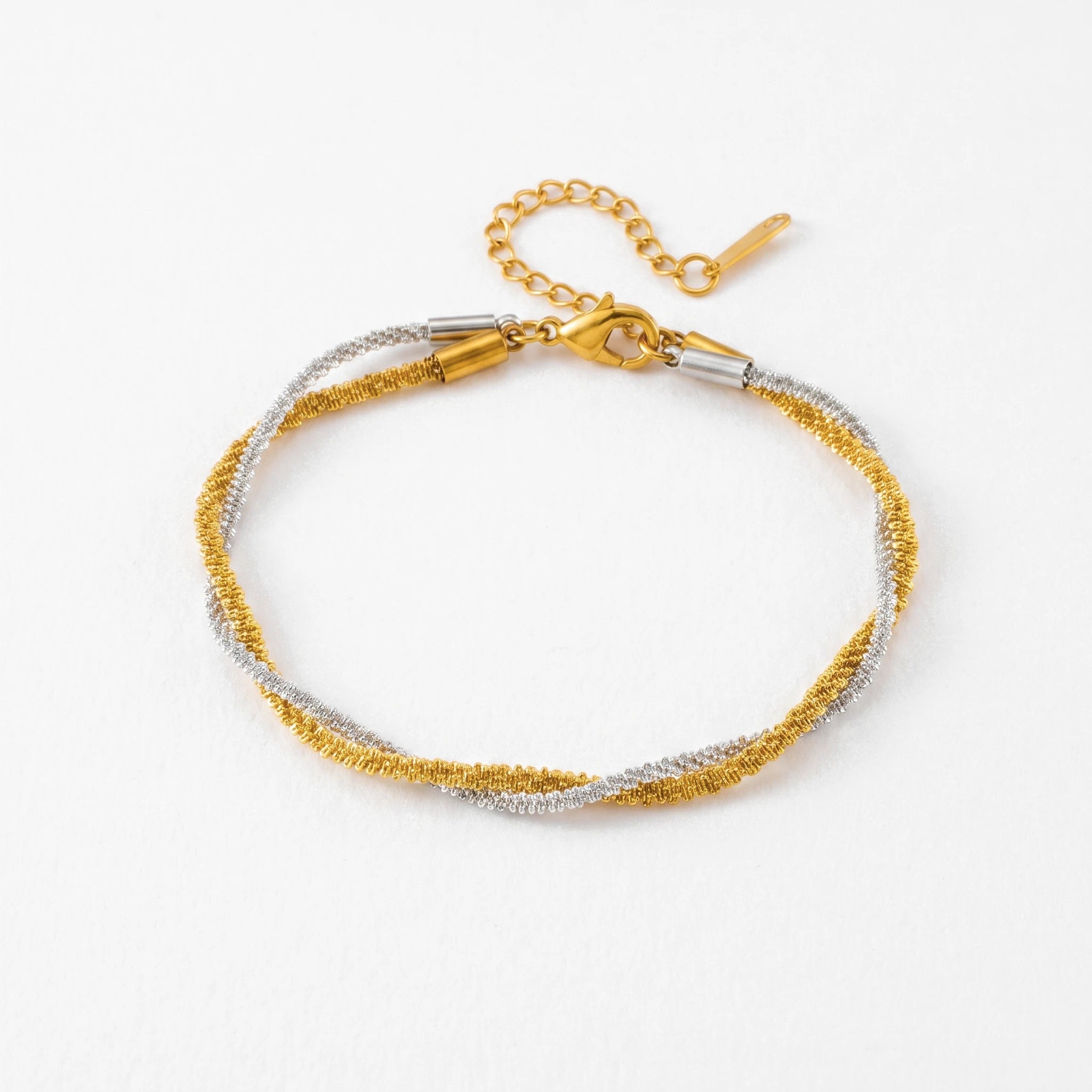 QIAOREN 13545 Two Tone Twisted Sparkly Wire Bracelet, Gold Silver Intertwined Thin Chain Wrist Jewelry