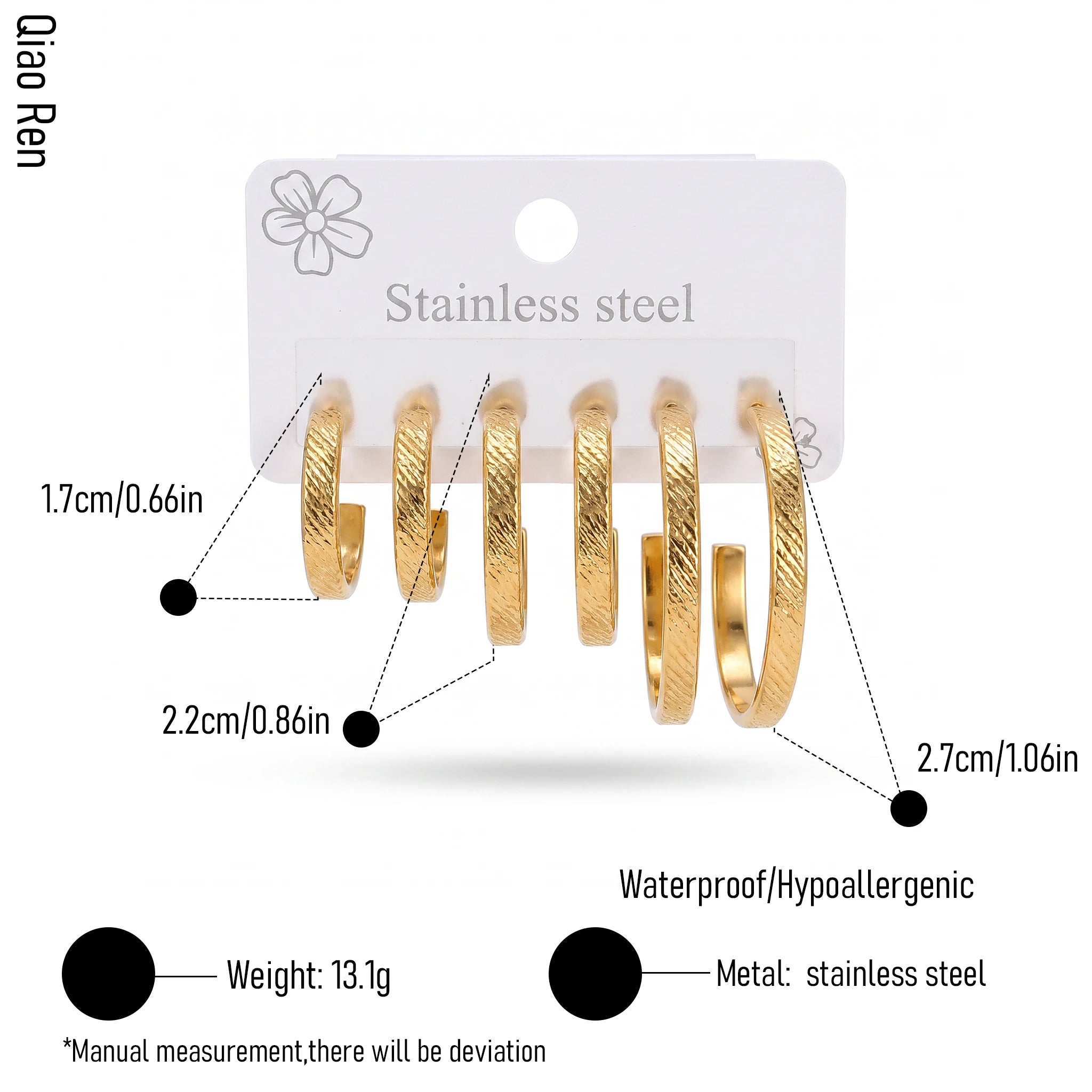 QIAOREN 14591 18K Gold Stainless Steel Hoop Earrings Textured Huggie Earrings Waterproof Tarnish Free Hypoallergenic Jewelry