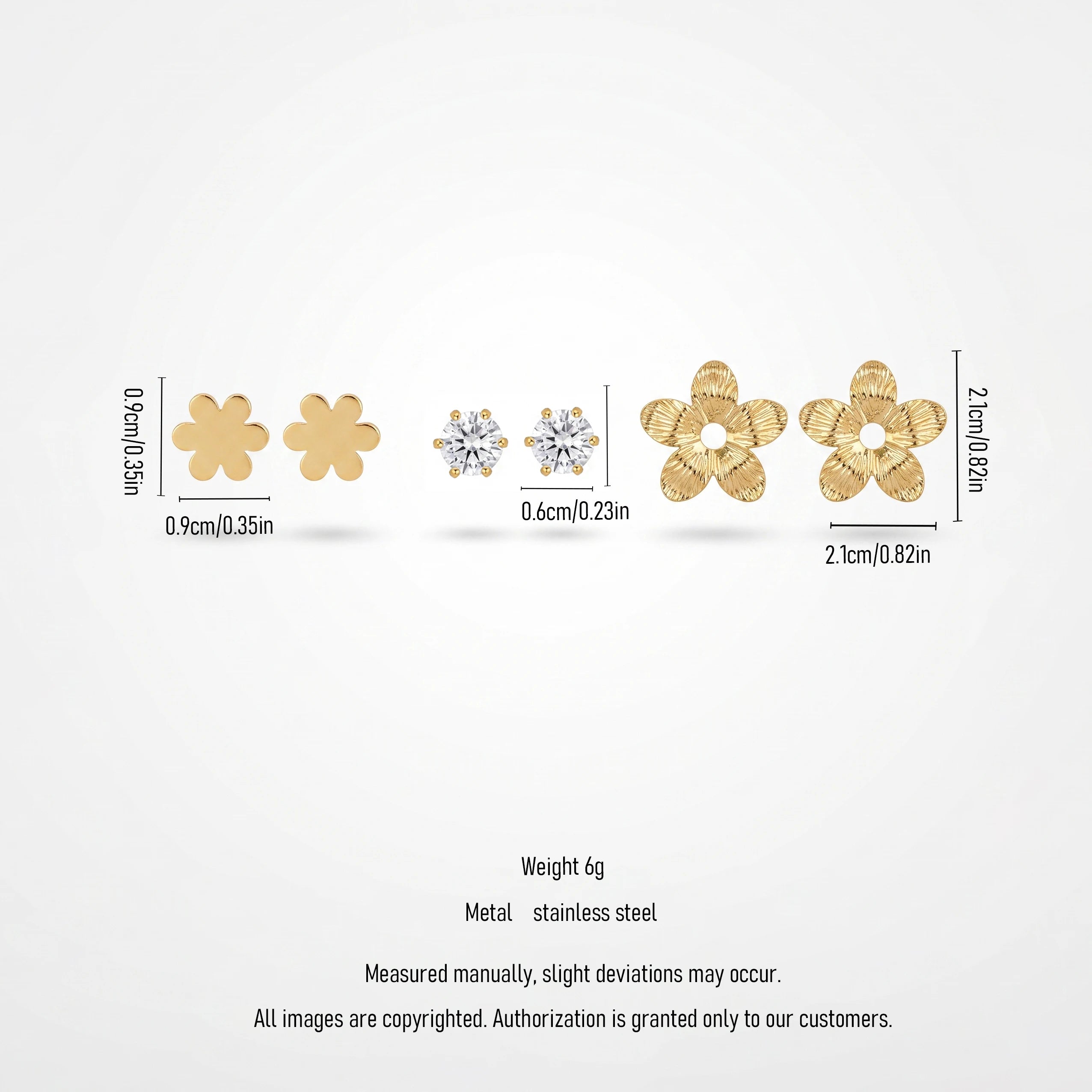 QIAOREN 13254  3 PCS Set 18K Gold Plated Stainless Steel Flower Zircon Stud Earrings Set Solid Plain Flower Round CZ