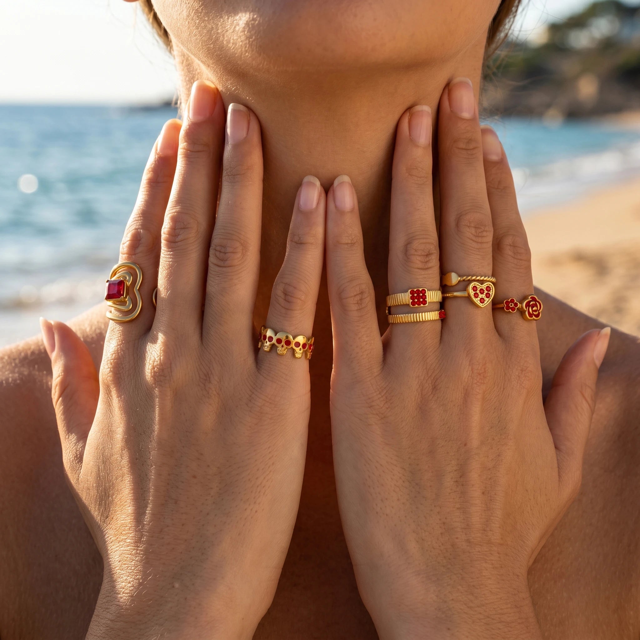 QIAOREN 13176-80 5Pcs Gold Stainless Steel Turquoise Open Ring Set Irregular Hammered Crown Adjustable Boho Stackable Rings