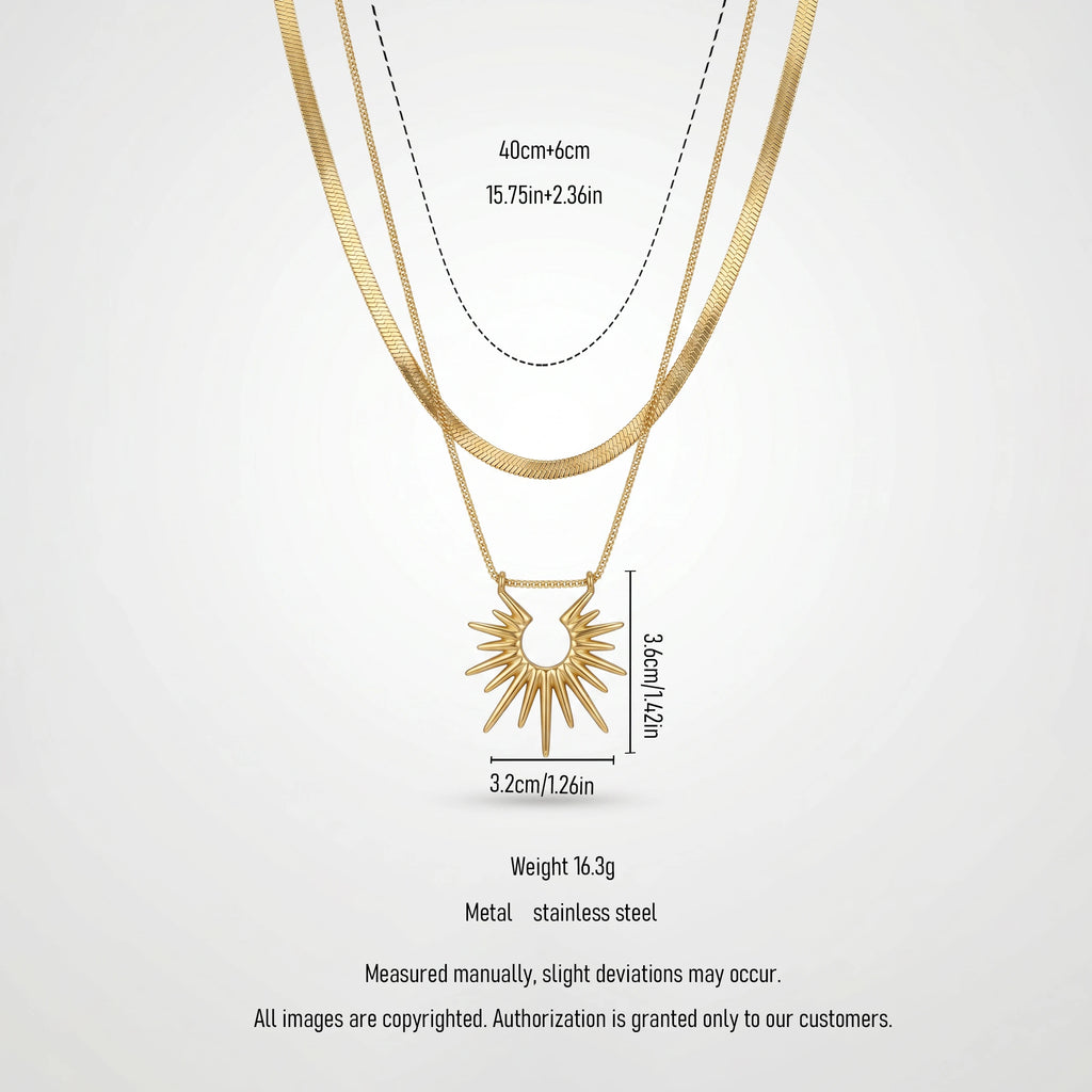 QIAOREN 13528 Two Layer Hollow Sunburst Pendant Stack Necklace with Flat Snake & Thin Cable Mixed Chain, Textured Radiant Sun