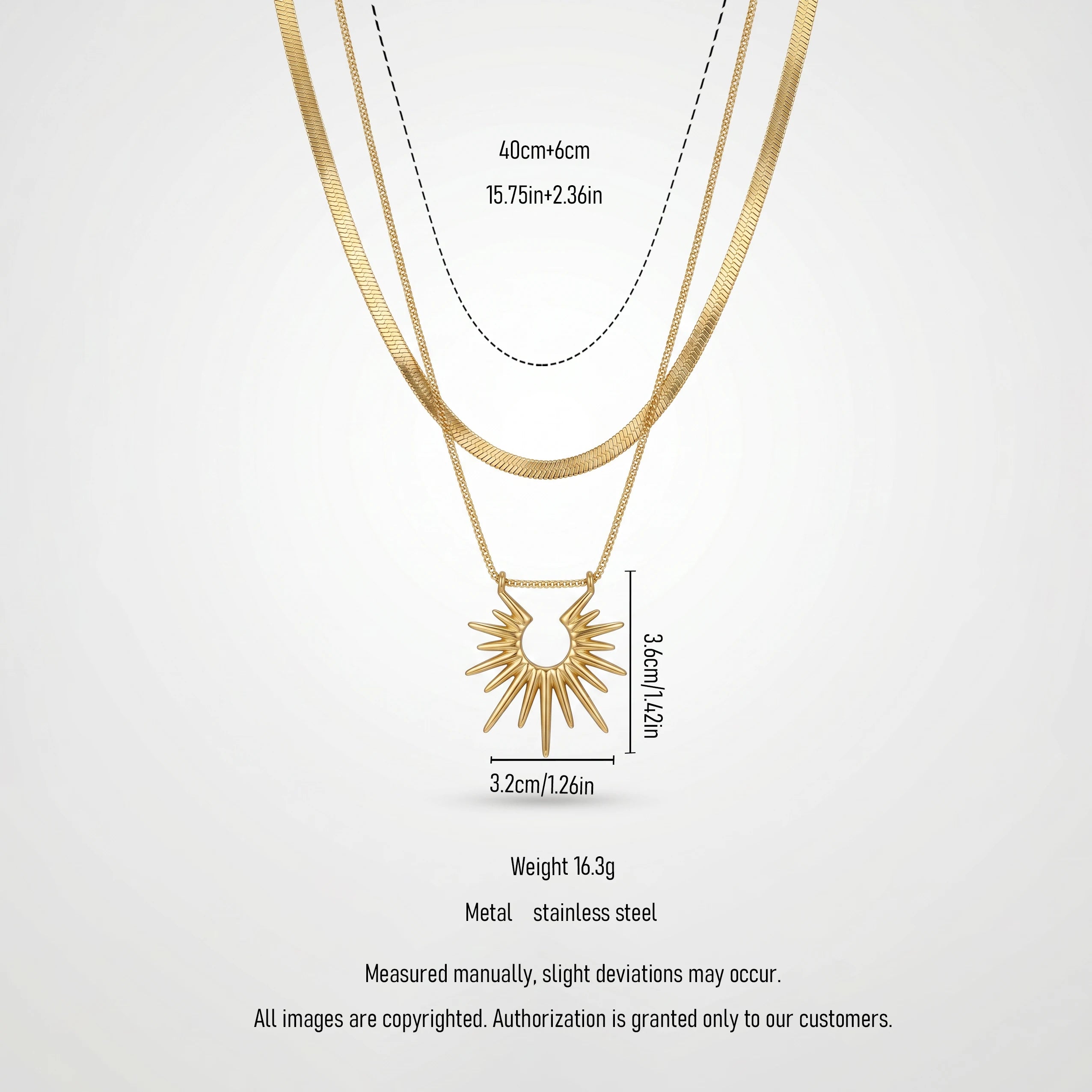 QIAOREN 13528 Two Layer Hollow Sunburst Pendant Stack Necklace with Flat Snake & Thin Cable Mixed Chain, Textured Radiant Sun
