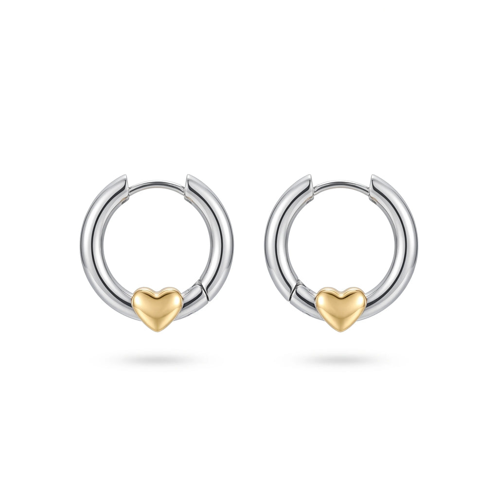 QIAOREN 12756 Hypoallergenic Silver Huggie Hoop Earrings With Gold Heart Charm Stainless Steel Contrast Ear Jewelry