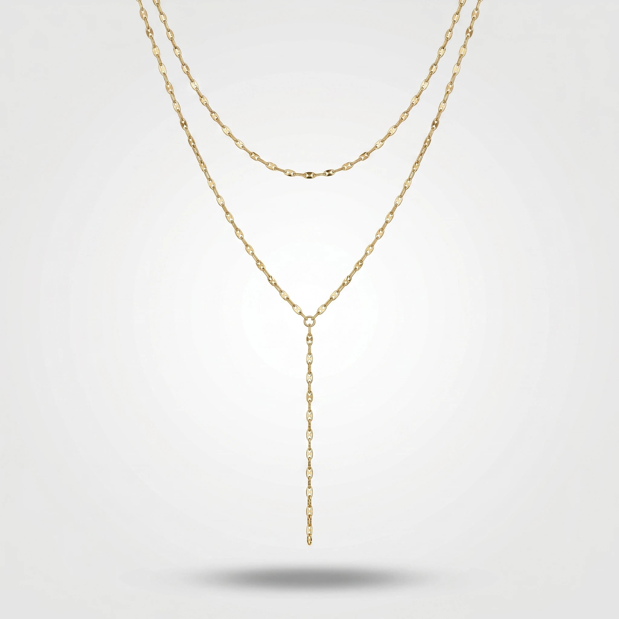 QIAOREN 11289 18K Gold Plated Double Layer Y Lariat Necklace Sparkle Oval Link Chain Stainless Steel Tarnish Free Waterproof