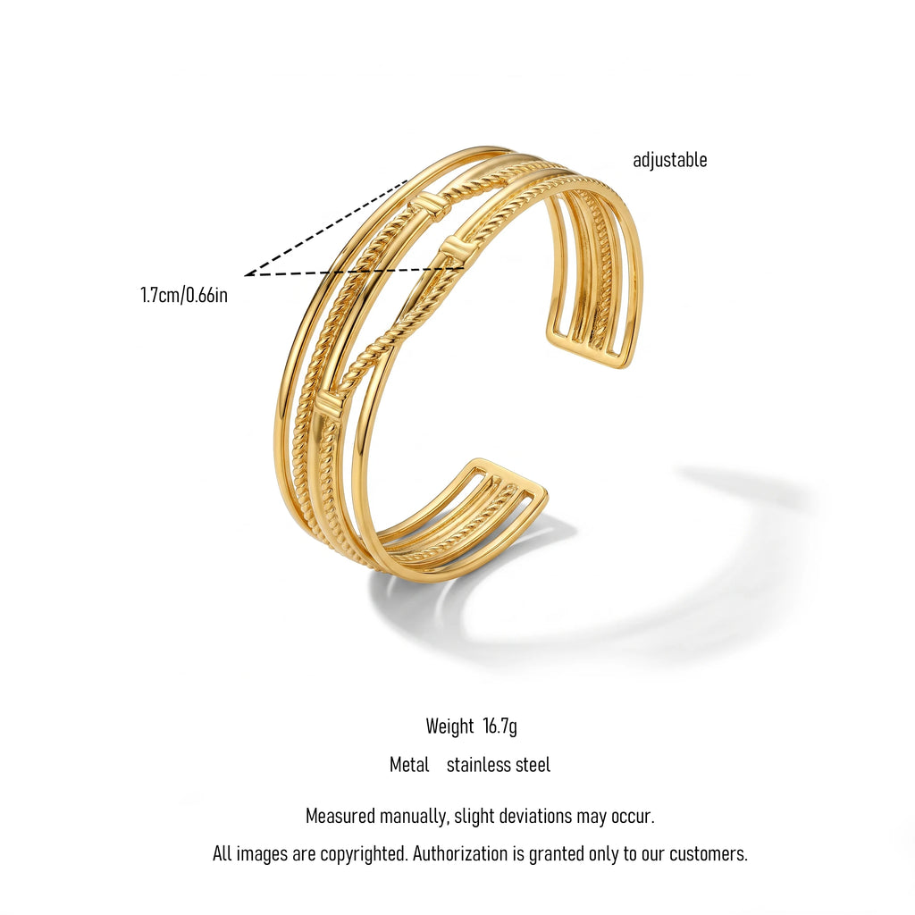 QIAOREN 12718 Wholesale Mirror Polished 3 Lines Twisted Wire Open Stainless Steel Cuff Bracelet Anti Tarnish Gold Wrist Band