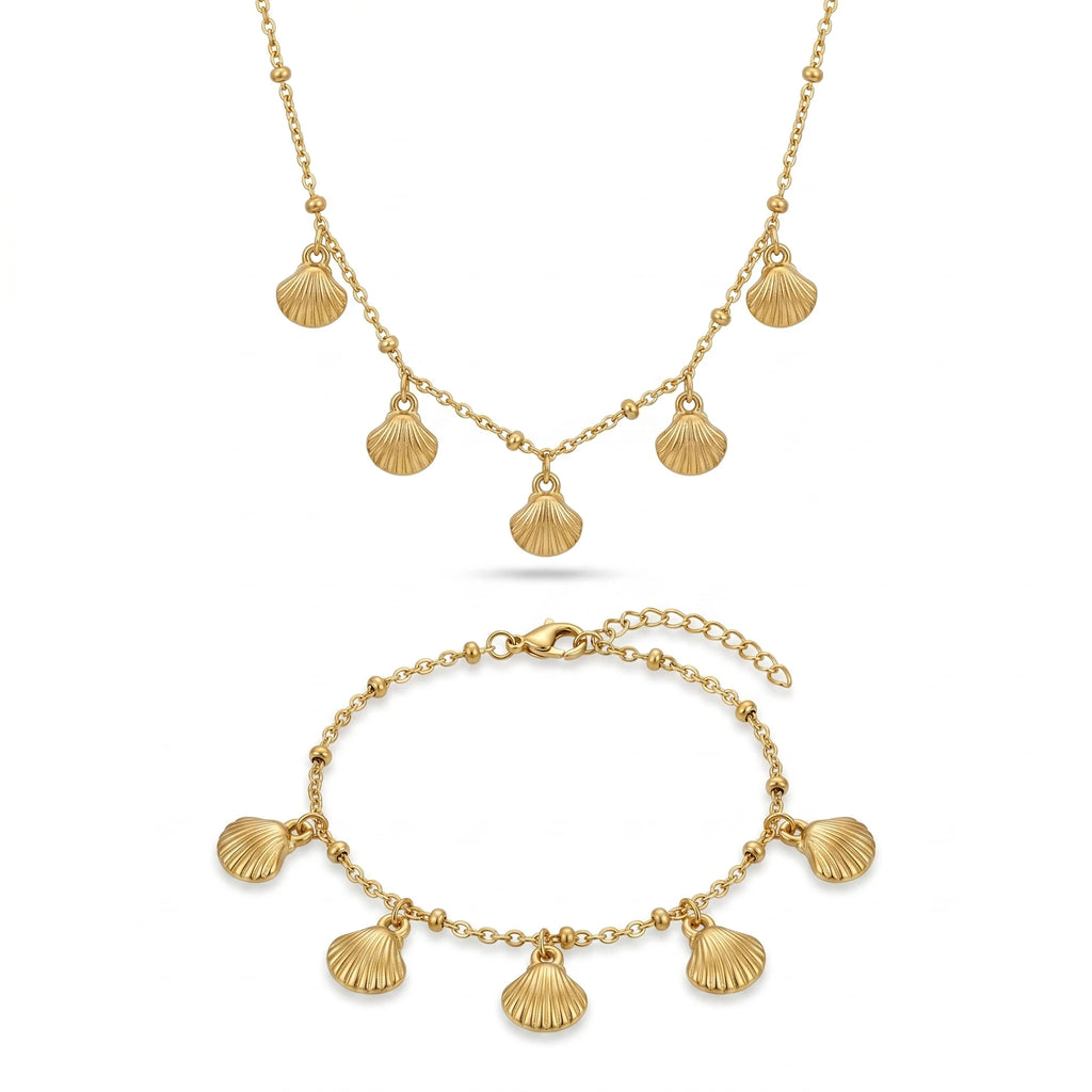 QIAOREN 12856 18K Gold Plated Stainless Steel Shell Charm Necklace Bracelet Set, Waterproof Beach Summer Jewelry for Women