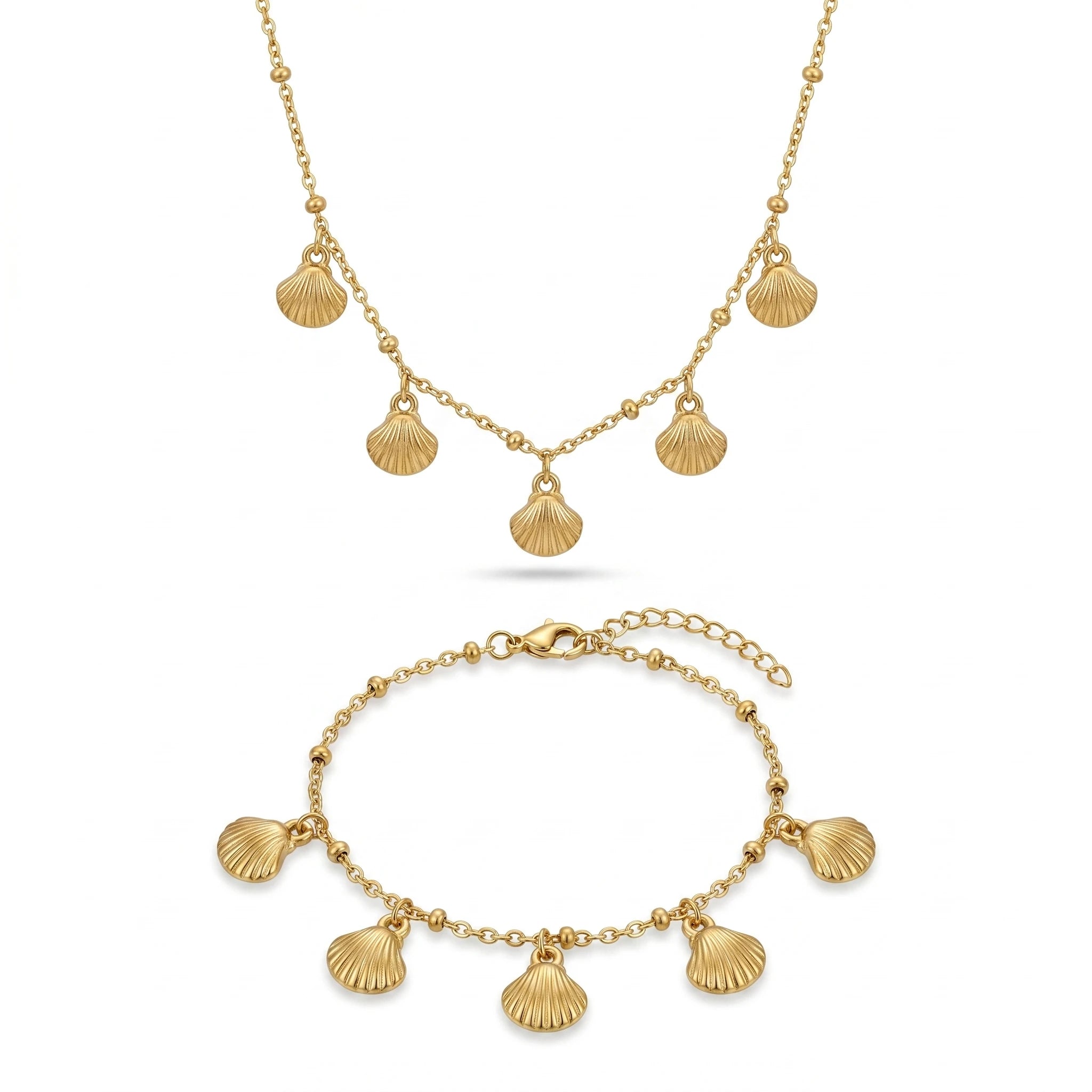QIAOREN 12856 18K Gold Plated Stainless Steel Shell Charm Necklace Bracelet Set, Waterproof Beach Summer Jewelry for Women
