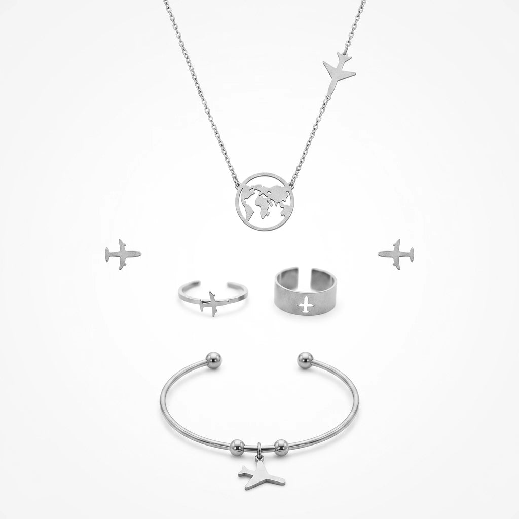 QIAOREN 11575 Fashion Gold Travel Jewelry Set Stainless Steel Airplane Globe Necklace Bracelet Ring Stud Earrings Gift