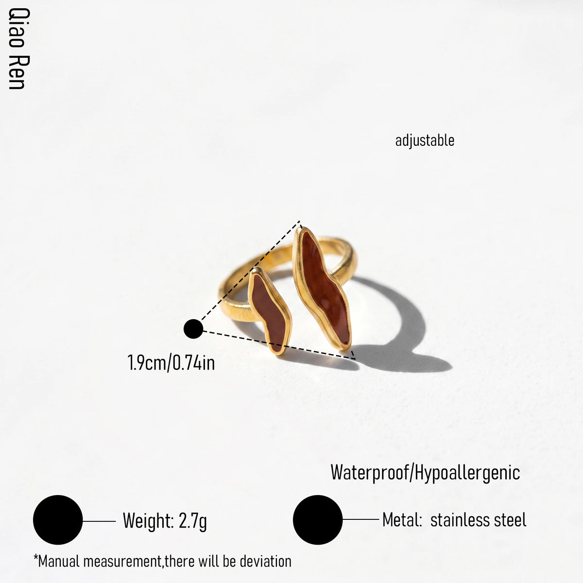 QIAOREN 14221-25 Red Enamel Irregular Wave Open Ring Set, Abstract Curved Adjustable Stackable Ring Jewelry Gift
