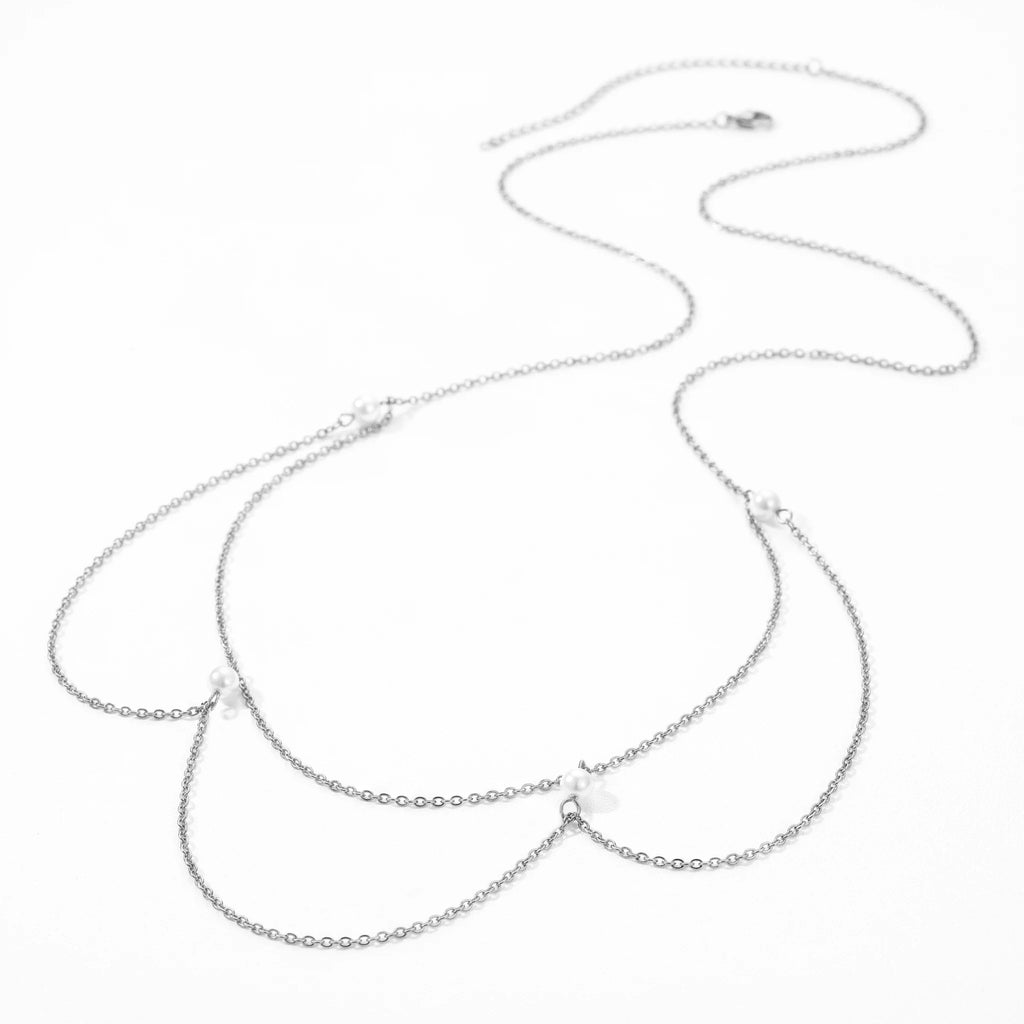QIAOREN 13044 Dainty Pearl Layered Body Chain Stainless Steel Gold Bikini Waist Chain Summer Beach Belly Swim Jewelry