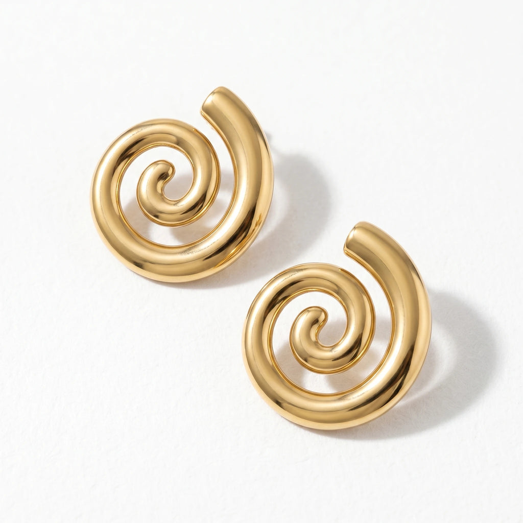 QIAOREN 10953 Geometric Spiral Stud Earrings Stainless Steel 18K Gold Plated Hypoallergenic Statement Jewelry for