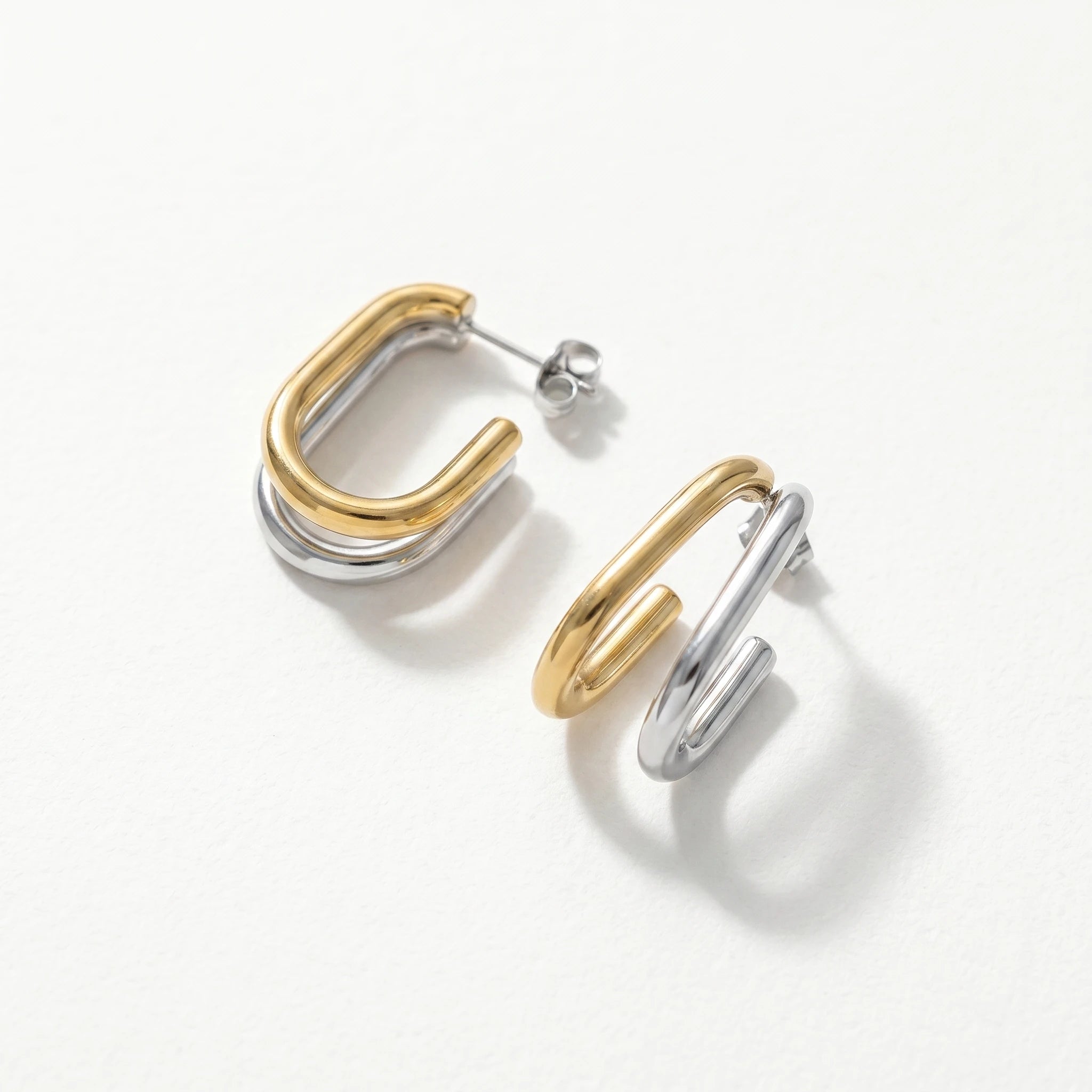 QIAOREN 12754 Minimalist Mixed Tone Double Layer Oval Earrings Stainless Steel Silver Gold Chunky Hoop Daily Jewelry