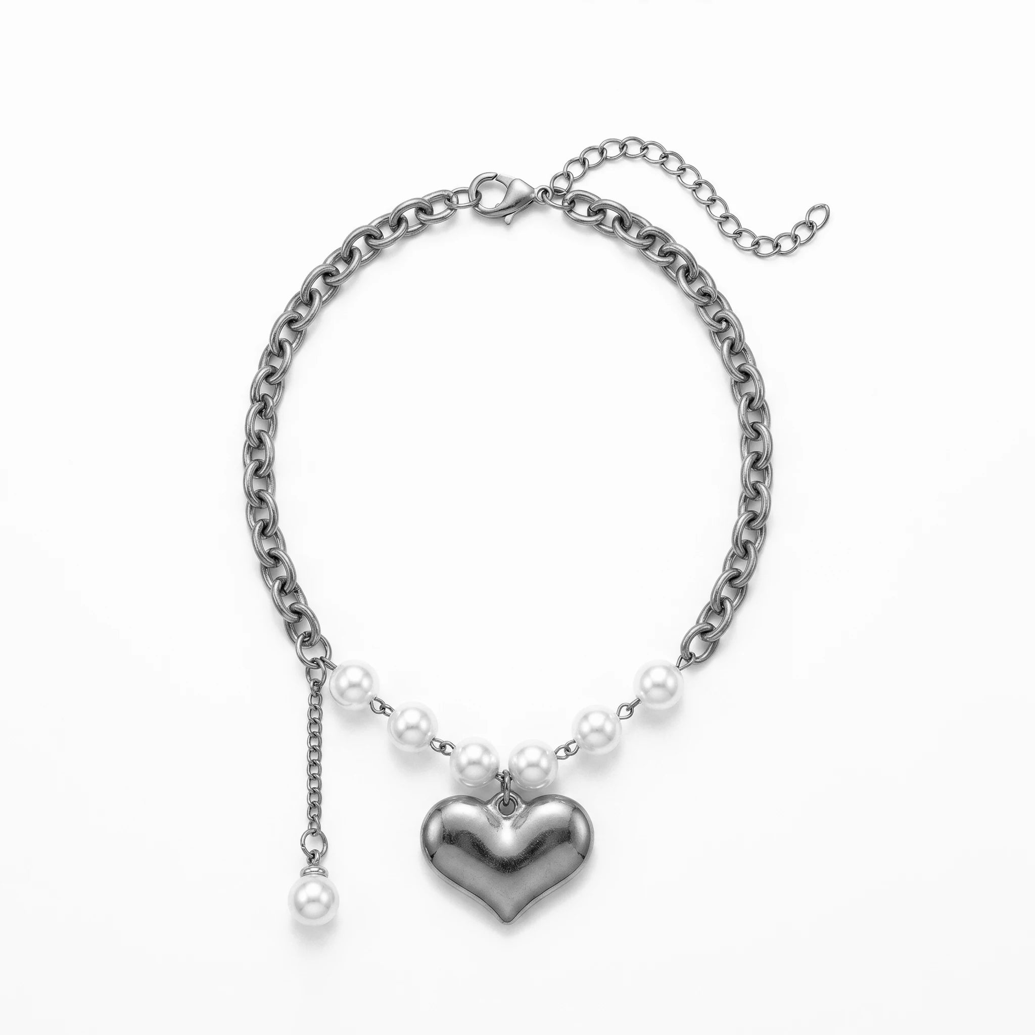 QIAOREN 11728 Trendy Lovers Minimalist Thick Curb Chain Heart Pearl Bracelet Gold Stainless Steel Adjustable Jewelry for Women