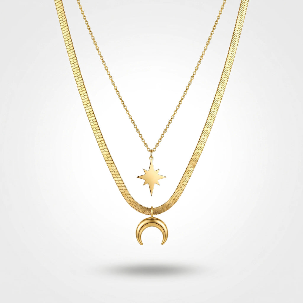 QIAOREN 13508 Two Layer Star & Crescent Moon Pendant Necklace with Flat Snake & Thin Cable Mixed Chain, Dainty Gold Necklace