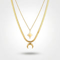 QIAOREN 13508 Two Layer Star & Crescent Moon Pendant Necklace with Flat Snake & Thin Cable Mixed Chain, Dainty Gold Necklace