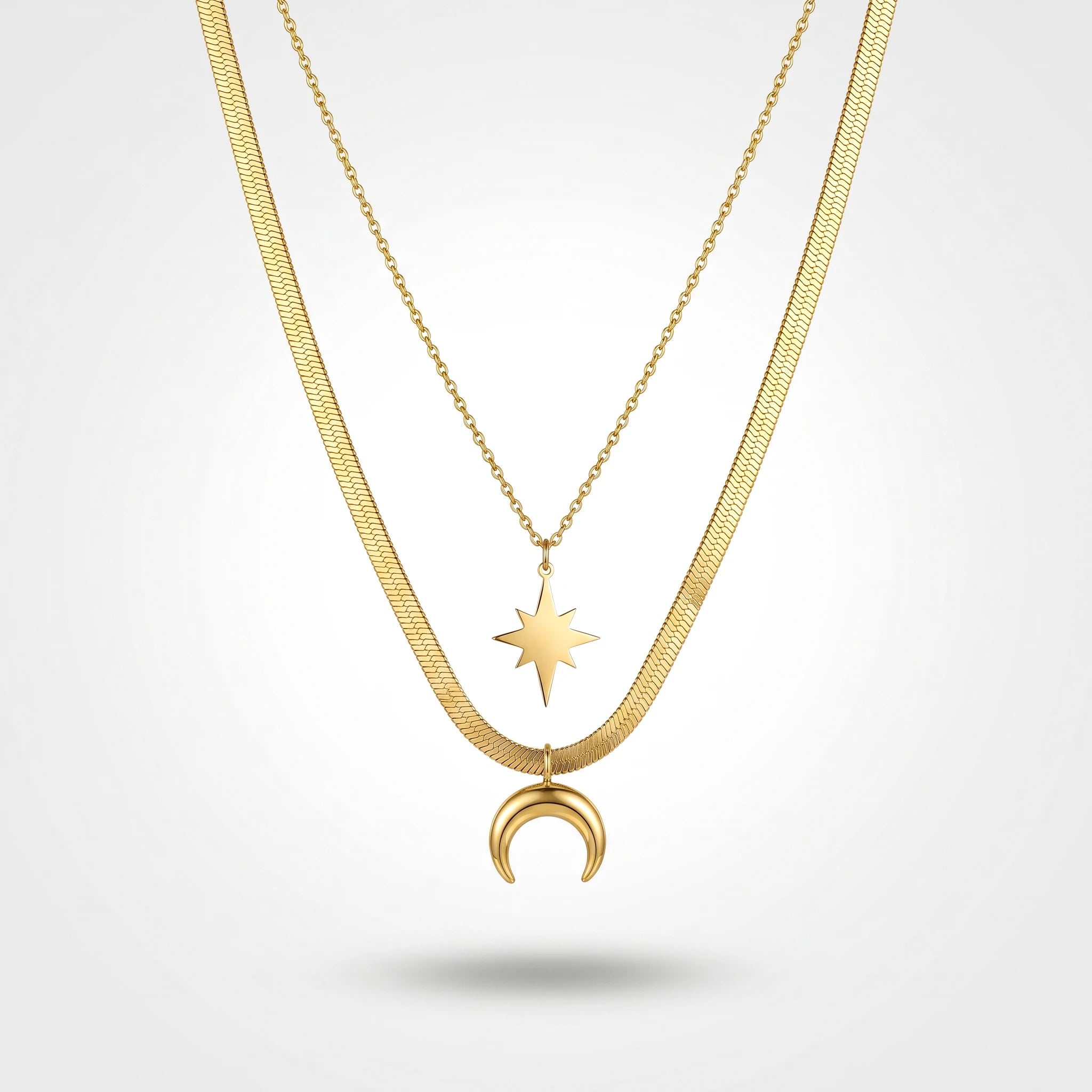 QIAOREN 13508 Two Layer Star & Crescent Moon Pendant Necklace with Flat Snake & Thin Cable Mixed Chain, Dainty Gold Necklace