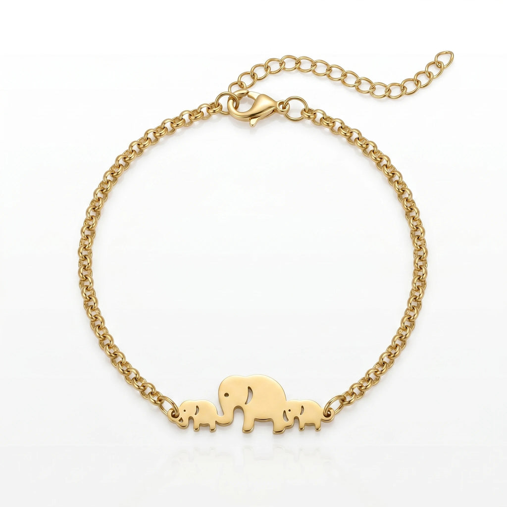 QIAOREN 11733 Tarnish Free 18K Gold Stainless Steel Elephant Family Anklet Adjustable Foot Chain