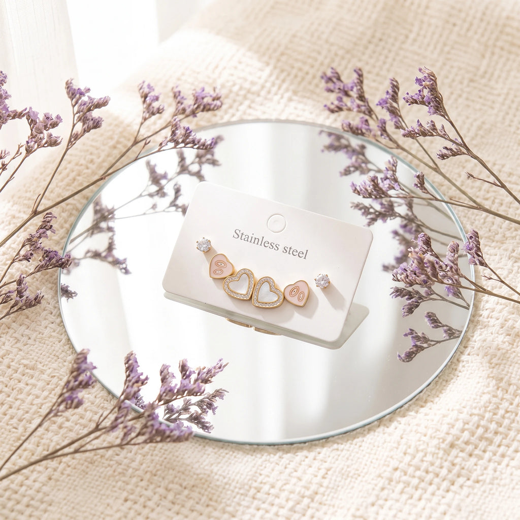 QIAOREN 14511 Minimalist Heart Stud Earrings Stainless Steel CZ Crystal Earrings Waterproof Jewelry for Women Daily Wear