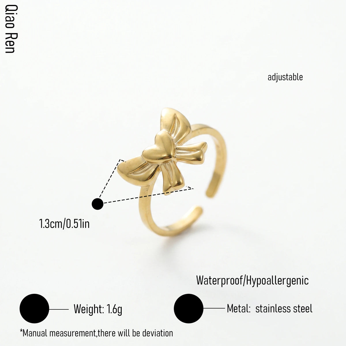 QIAOREN 14304-13 Women's Stainless Steel Vintage Bird -Face Bow Open Cuff Ring Set Adjustable Stackable 18K Gold Plated