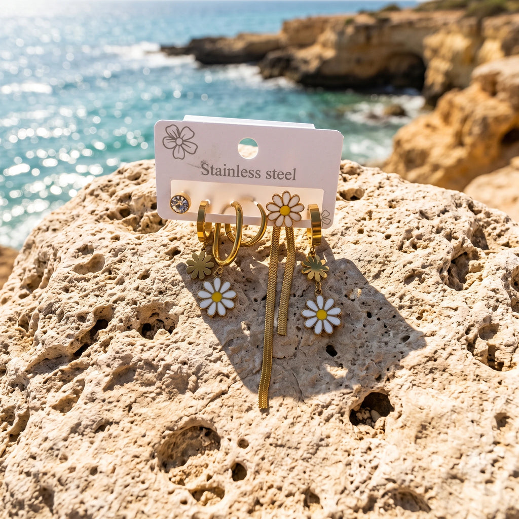 QIAOREN 14488 Daisy Tassel Stainless Steel Enamel Flower Drop Earring Pack, Gold Multi-style Huggie Hoops Stud Earrings