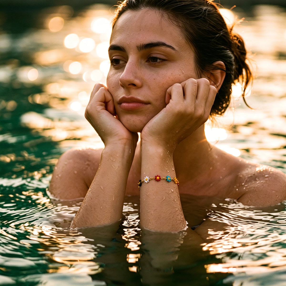 QIAOREN 13355 Gold Plated Stainless Steel Colorful Daisy Flower Bracelet Enamel Boho Summer Jewelry for Women