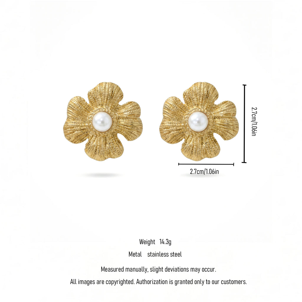 QIAOREN 12207  Gold Plated Stainless Steel Textured Five-Petal Flower Pearl Stud Earrings