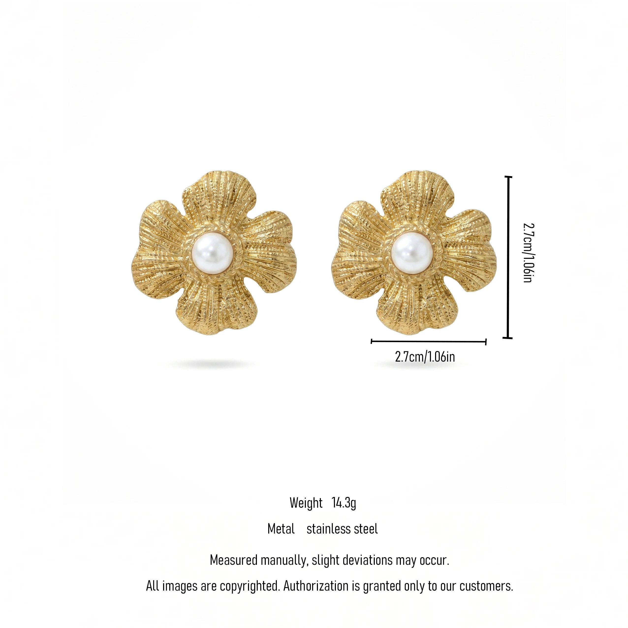 QIAOREN 12207  Gold Plated Stainless Steel Textured Five-Petal Flower Pearl Stud Earrings