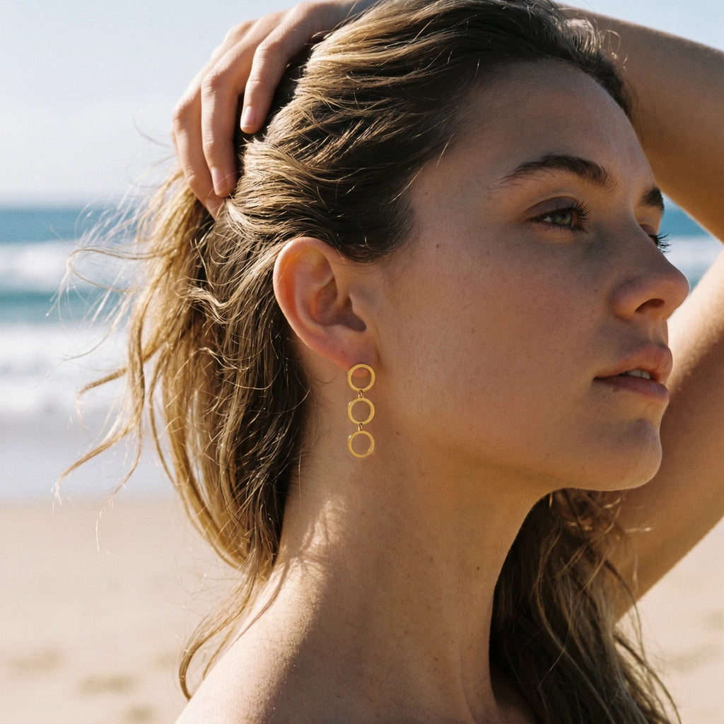 QIAOREN 11856 Trendy Triple Circle Dangle Earrings Stainless Steel Gold Geometric Hollow Ring Drop Earrings for Women US EU
