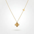 QIAOREN 13763 Thin Oval Link Chain Pendant Necklace with 3D Layered Four Leaf Flower Charm & Small Side Floral Jewelry