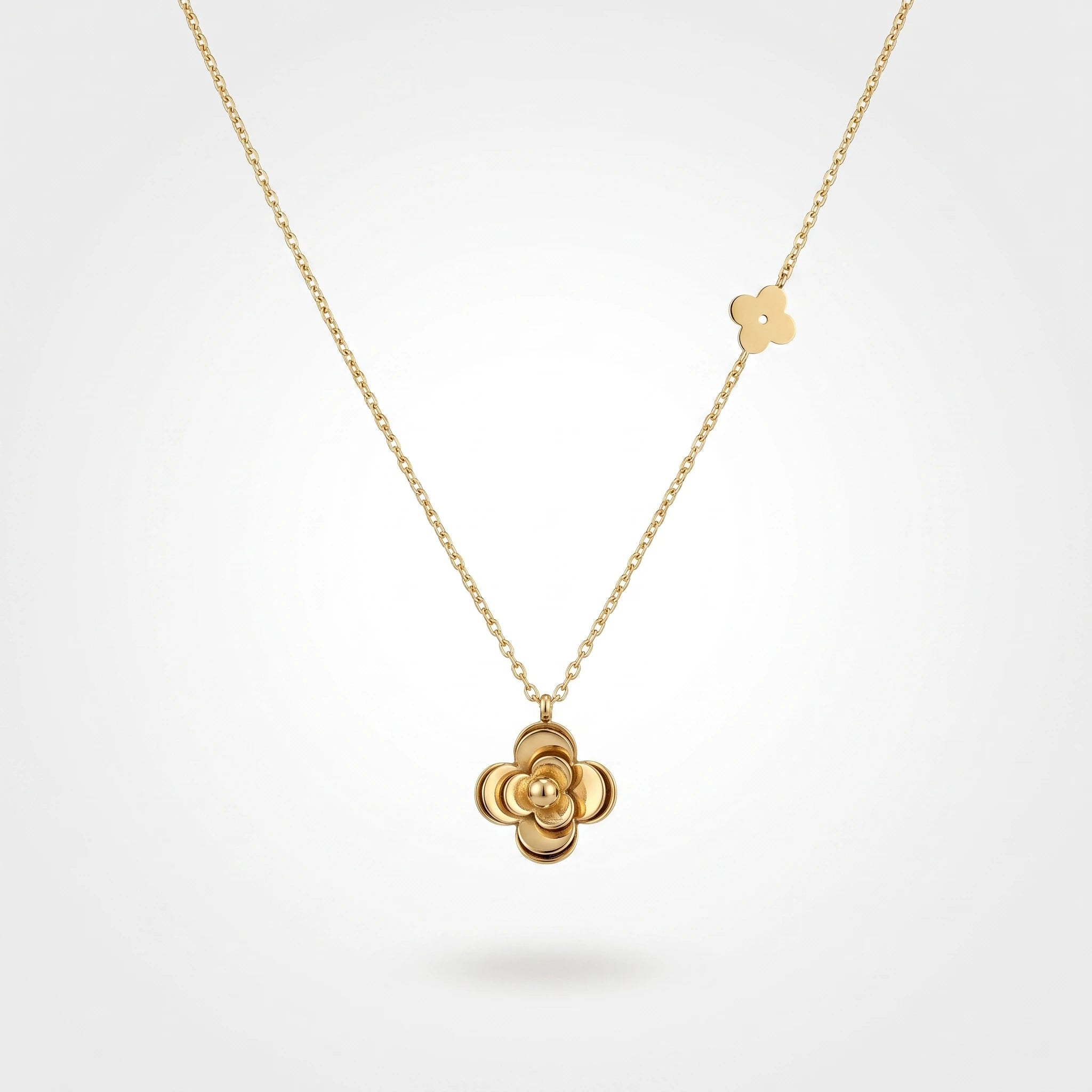 QIAOREN 13763 Thin Oval Link Chain Pendant Necklace with 3D Layered Four Leaf Flower Charm & Small Side Floral Jewelry