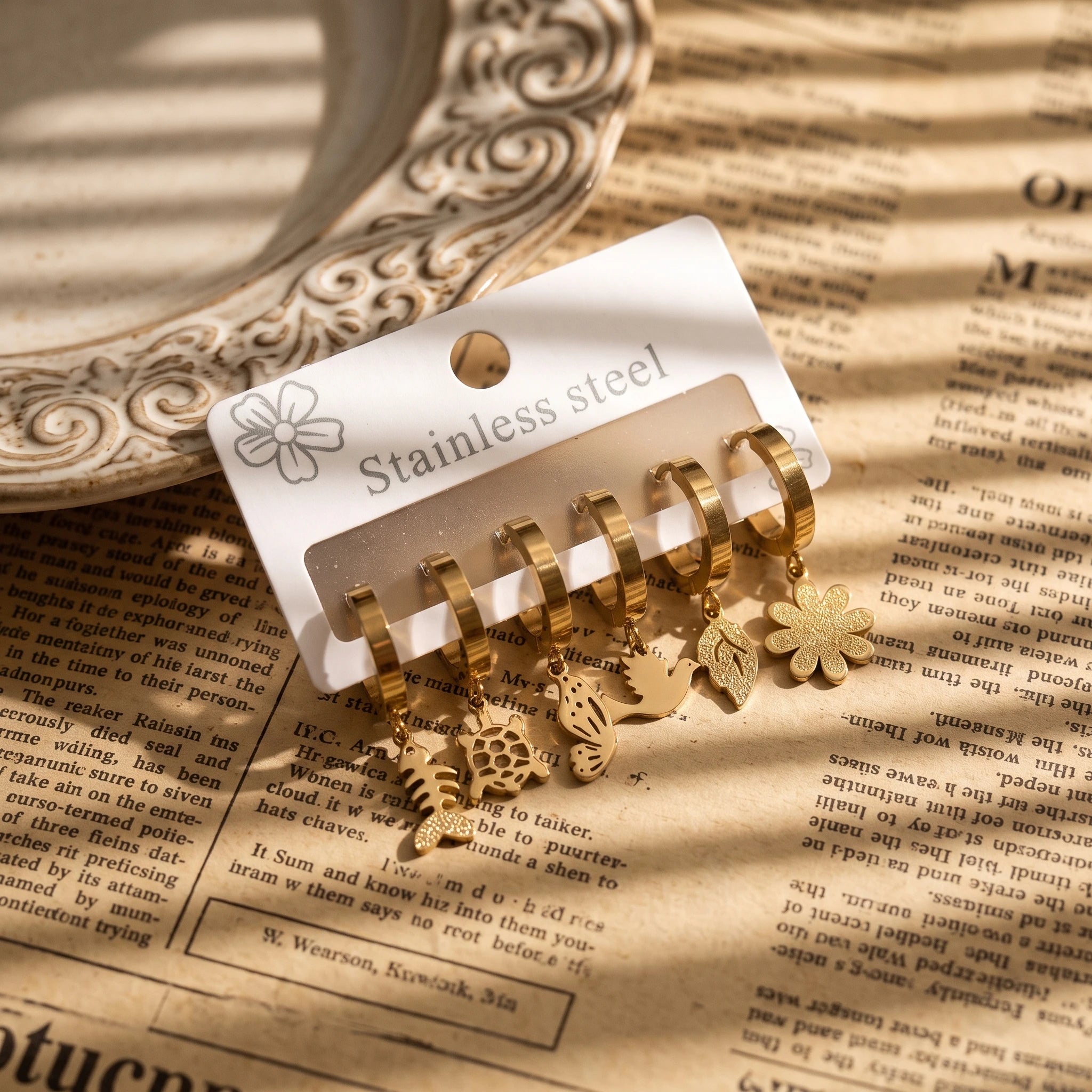 QIAOREN 14481 6 Pair Gold Stainless Steel Huggie Hoop Earrings Set, Fish Bone, Turtle, Butterfly, Bird, Leaf & Flower Earrings