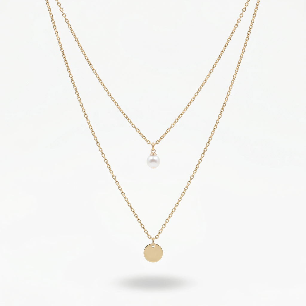 QIAOREN 11243 18K Gold Plated Layered Pearl and Disc Pendant Necklace Stainless Steel Tarnish Free Waterproof Jewelry