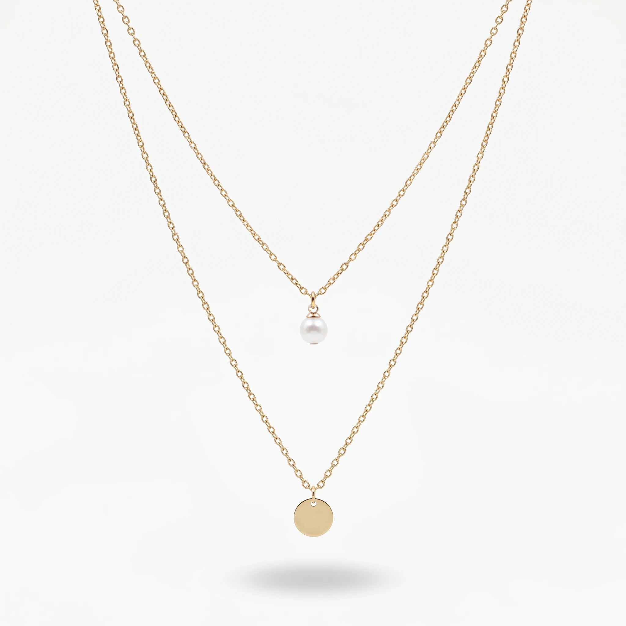 QIAOREN 11243 18K Gold Plated Layered Pearl and Disc Pendant Necklace Stainless Steel Tarnish Free Waterproof Jewelry