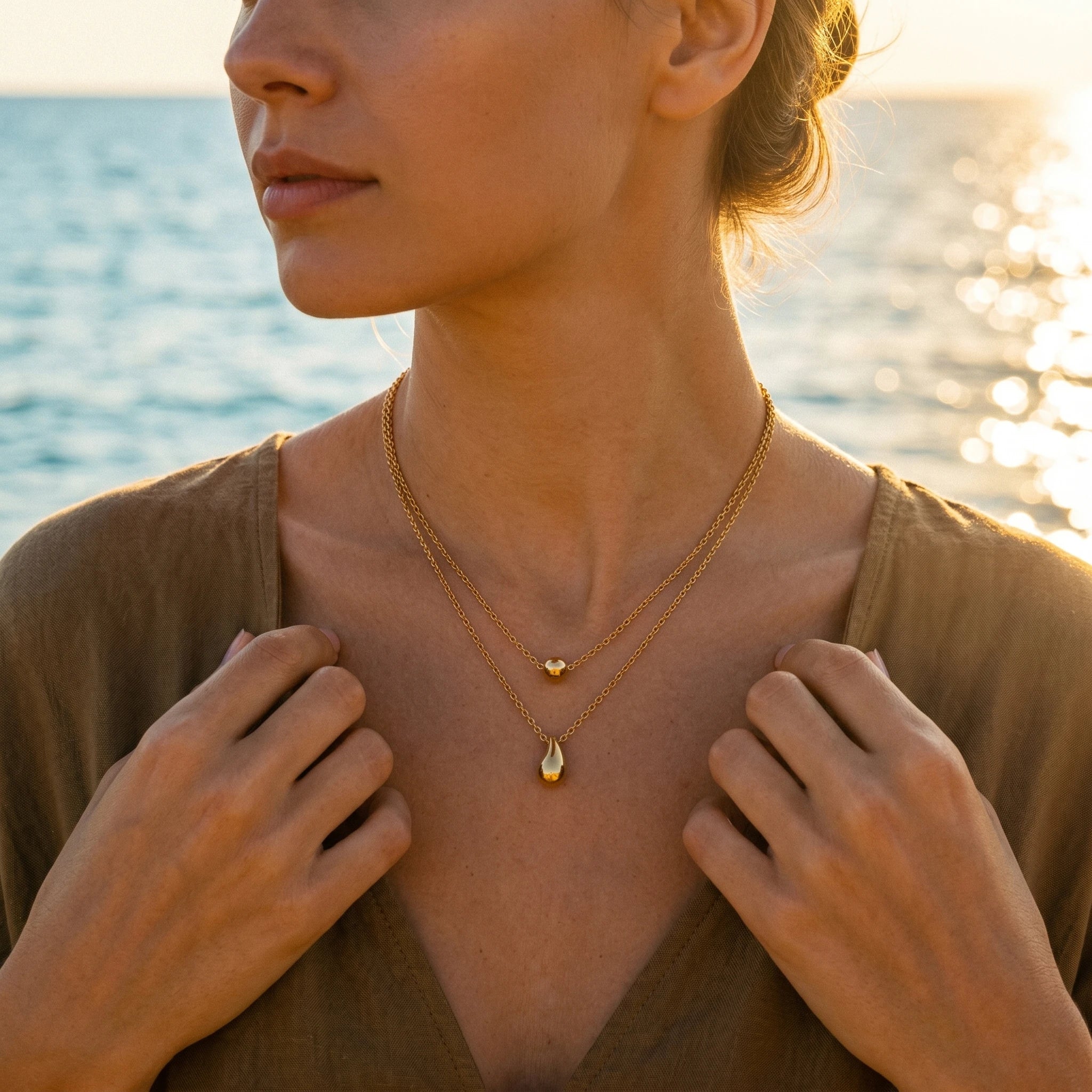QIAOREN 10582 Water Drop Bead Double Layer Necklace 18K Gold Plated Stainless Steel Waterproof Tarnish Free Trendy Jewelry